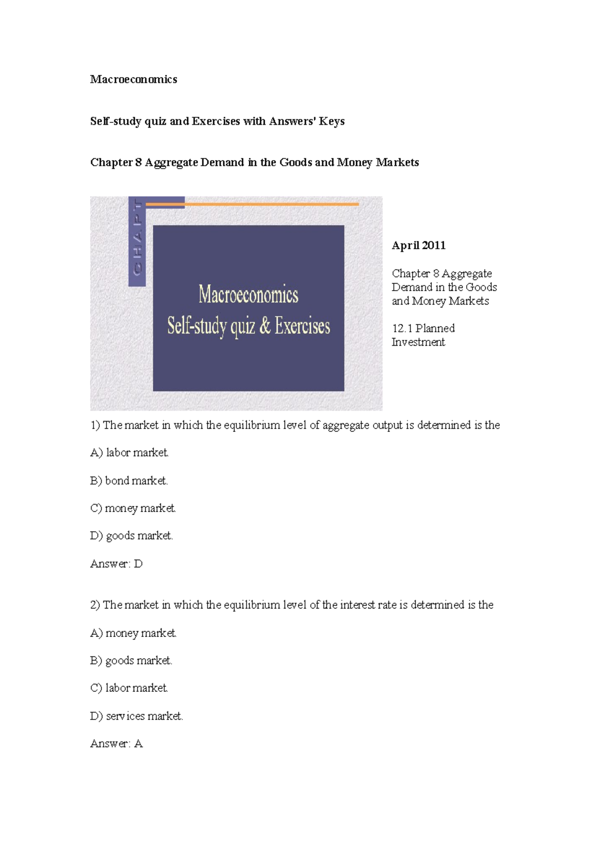 Macroeconomics - Chapter 8 Aggregate Demand in the Goods and Money ...