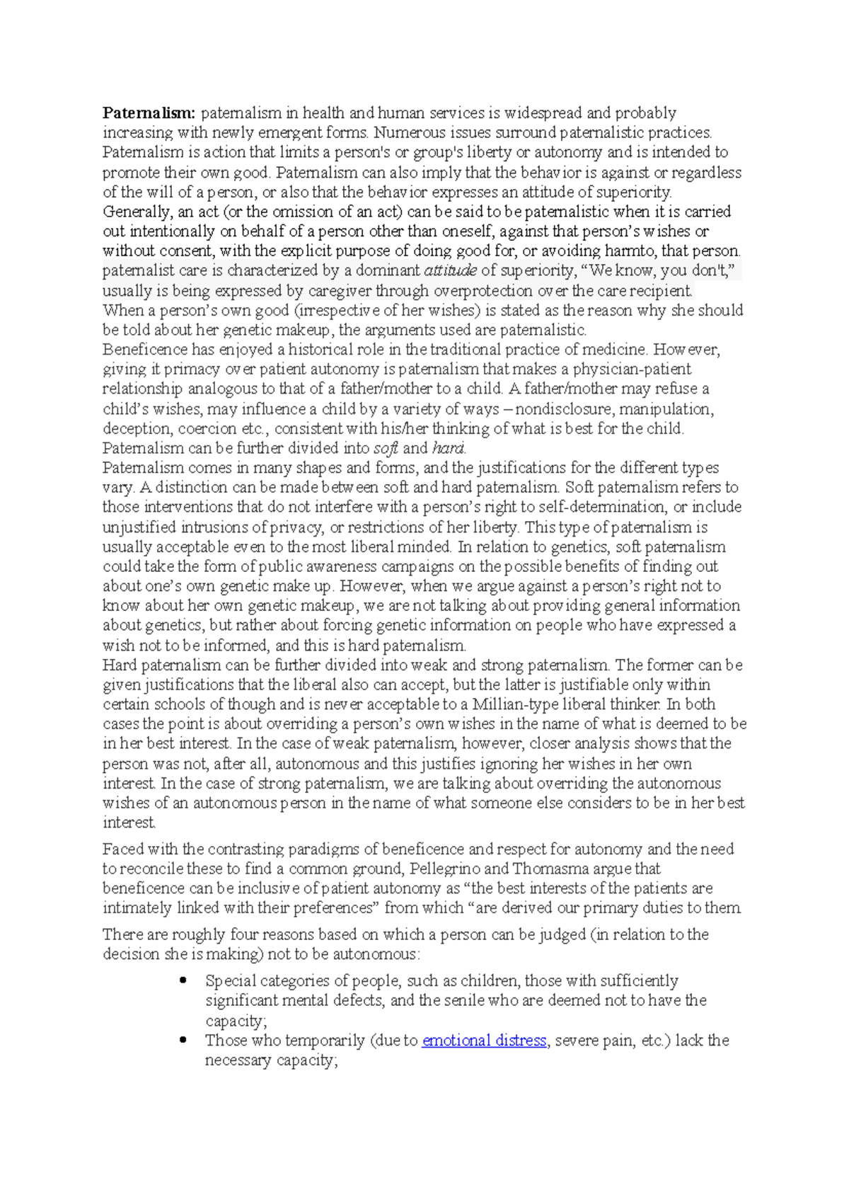 Paternalism notes Paternalism paternalism in health and human