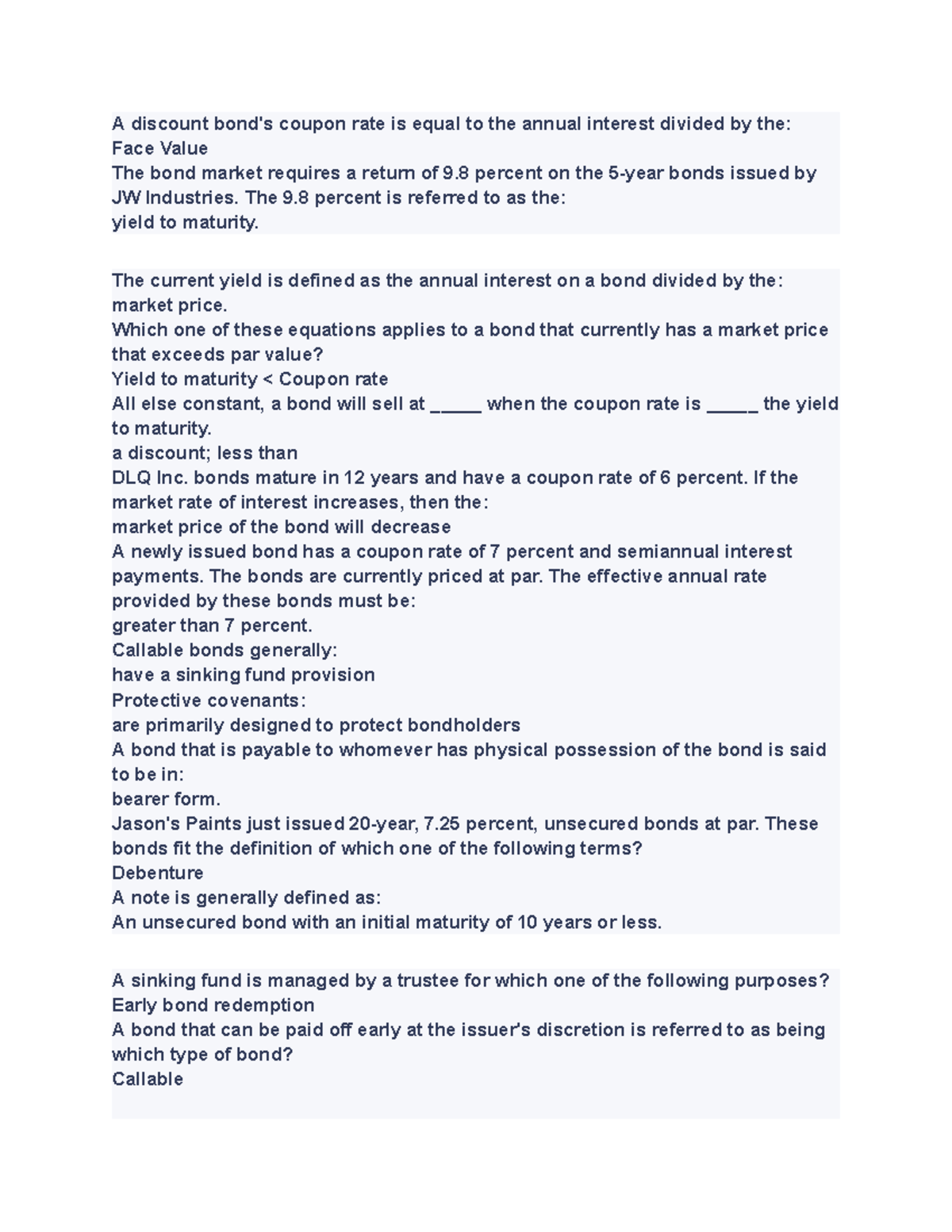 CORP FIN 4 (20) EXAM HELP A discount bond's coupon rate is equal