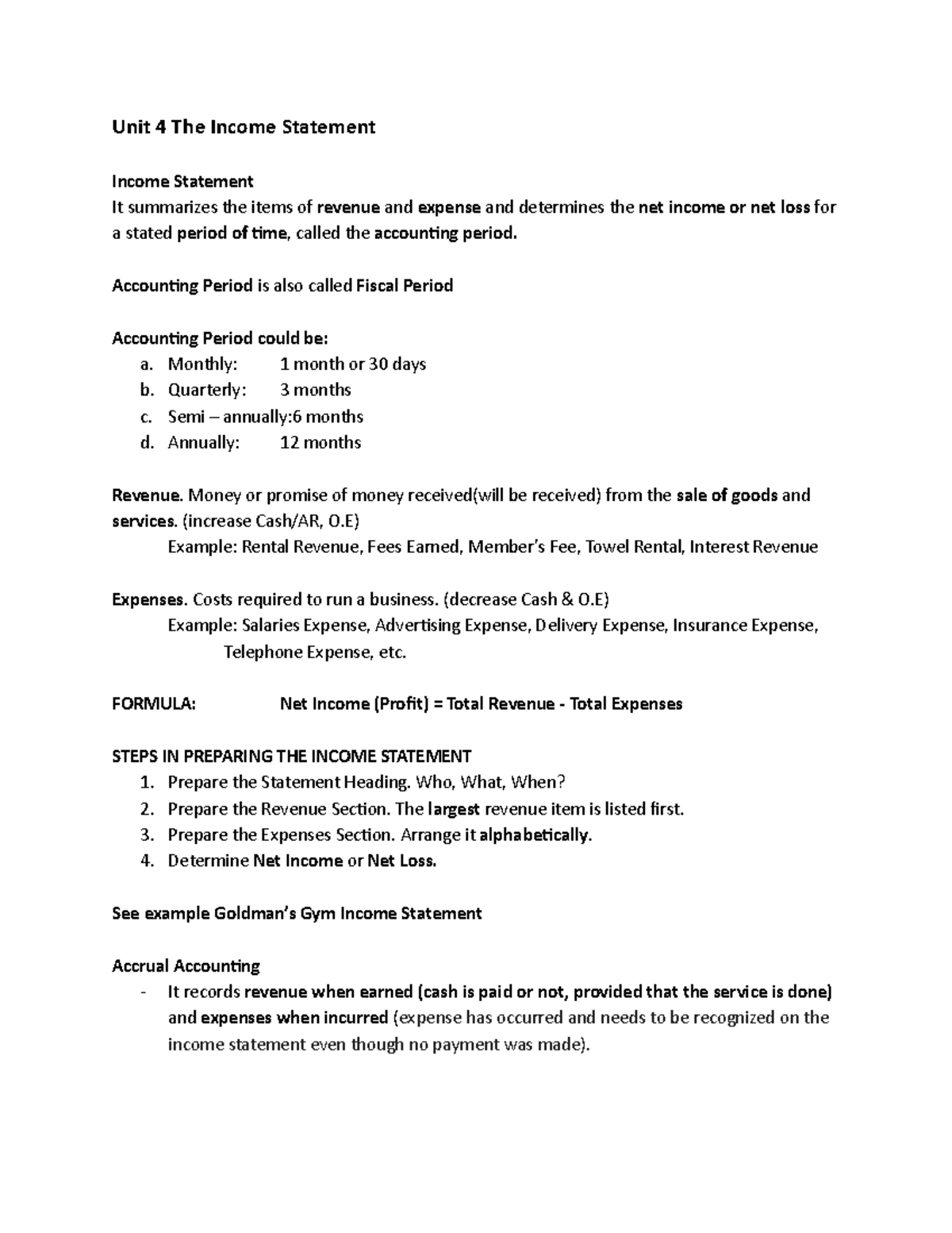 Unit 4 The Income Statement - Unit 4 The Income Statement Income ...