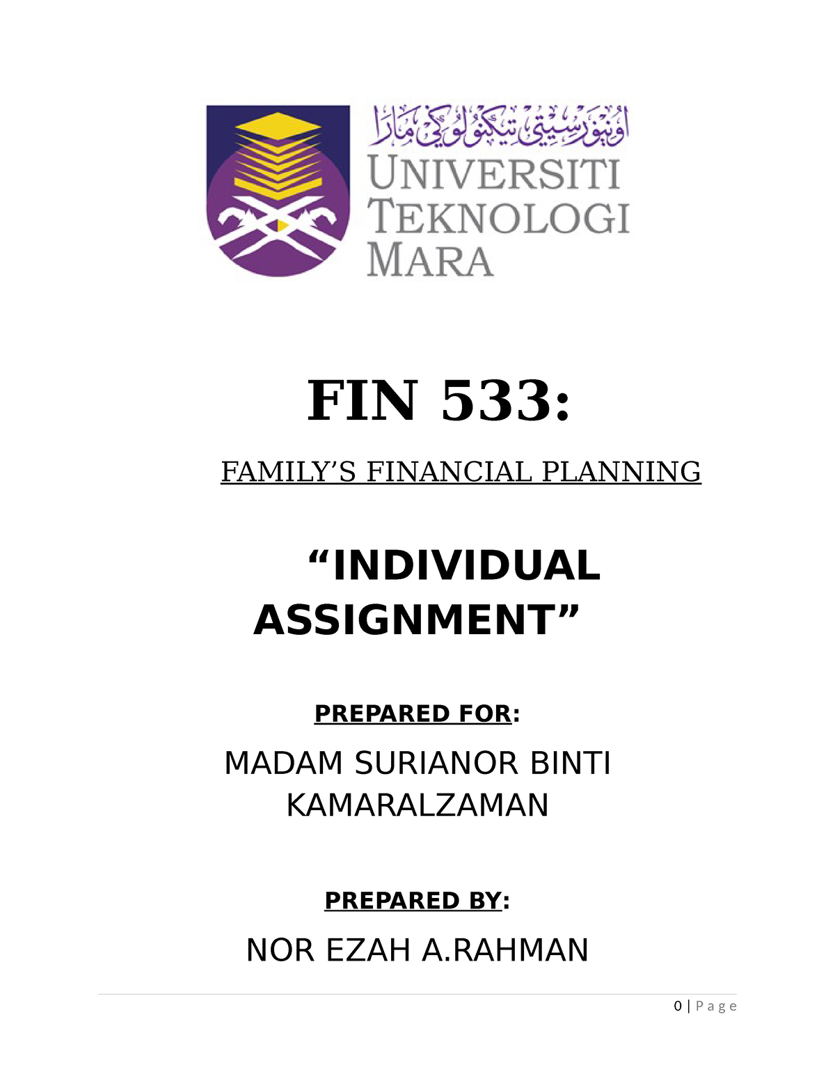 fin 533 personal financial planning assignment