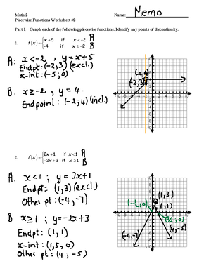 UNIT 8 Worksheet 2 Memo - Math 2 Name: ____ Piecewise Functions Worksheet #  Part I. Graph each of - Studocu