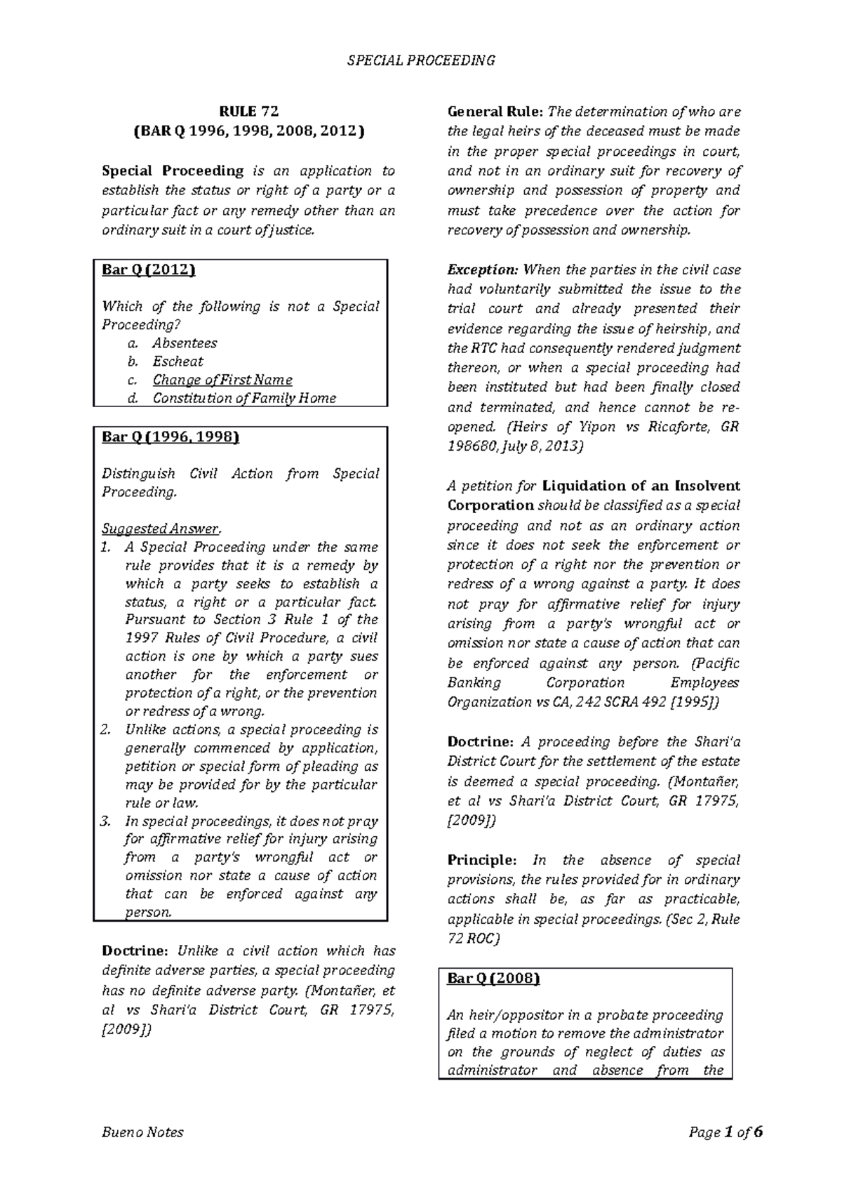 Special Proceeding Festin - SPECIAL PROCEEDING RULE 72 (BAR Q 1996