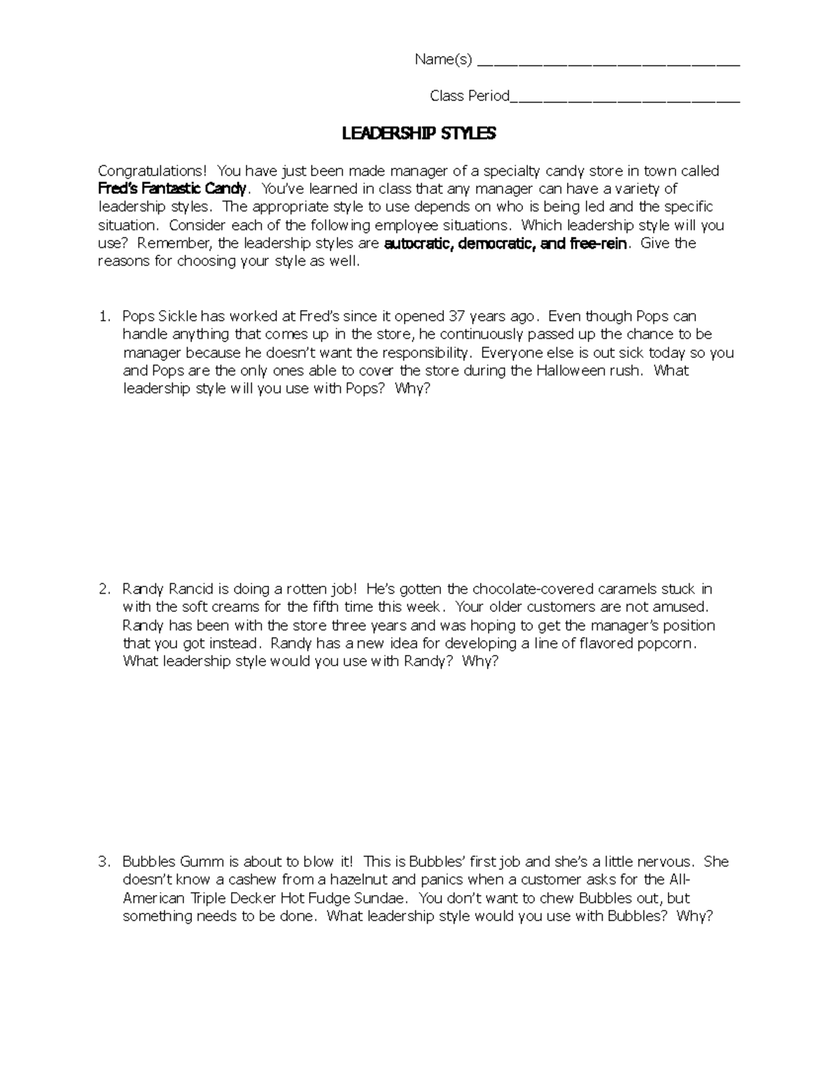 Mohammed Koreshee - Leadership Styles - Candy Store - Name(s