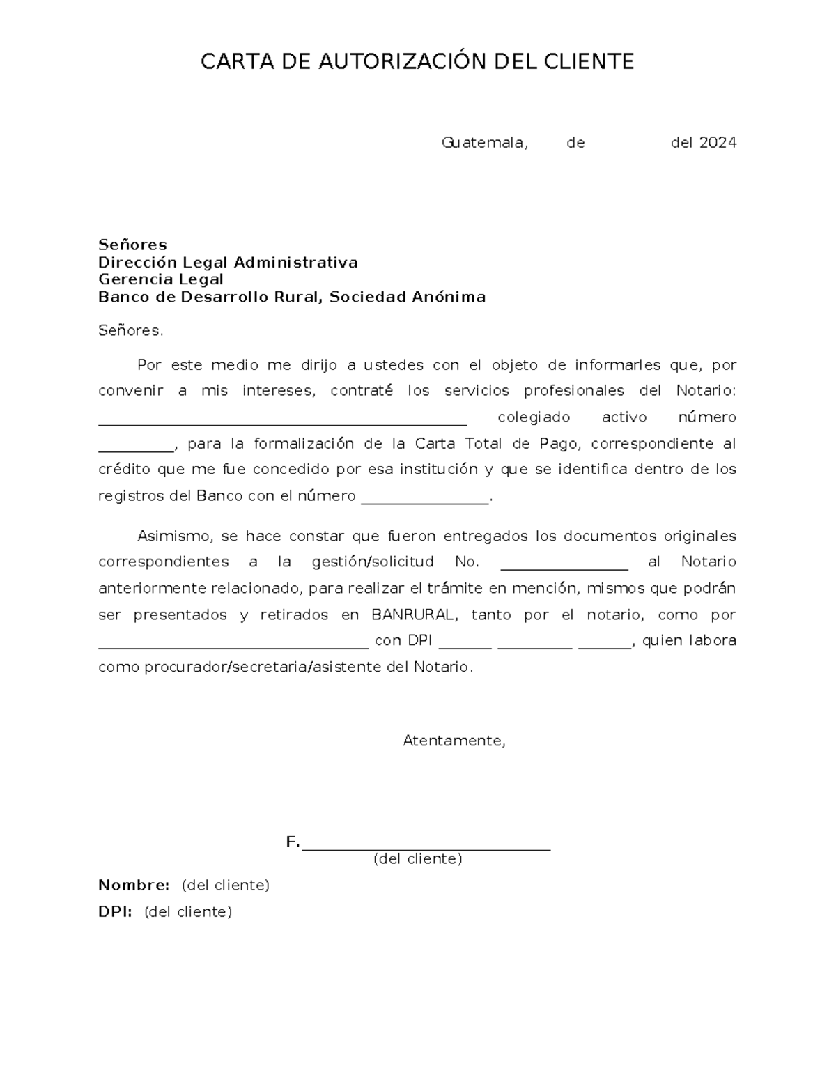 Carta de Autorización a terceros - CARTA DE AUTORIZACIÓN DEL CLIENTE ...