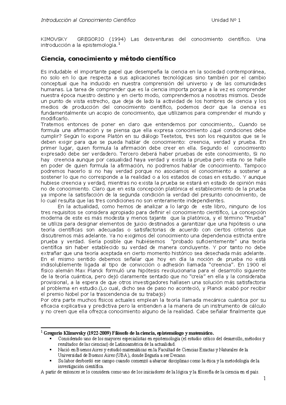 1 Ciencia Conocimiento Y Metodo Cientifico Introducción Al Conocimiento Científico Unidad Nº 3499