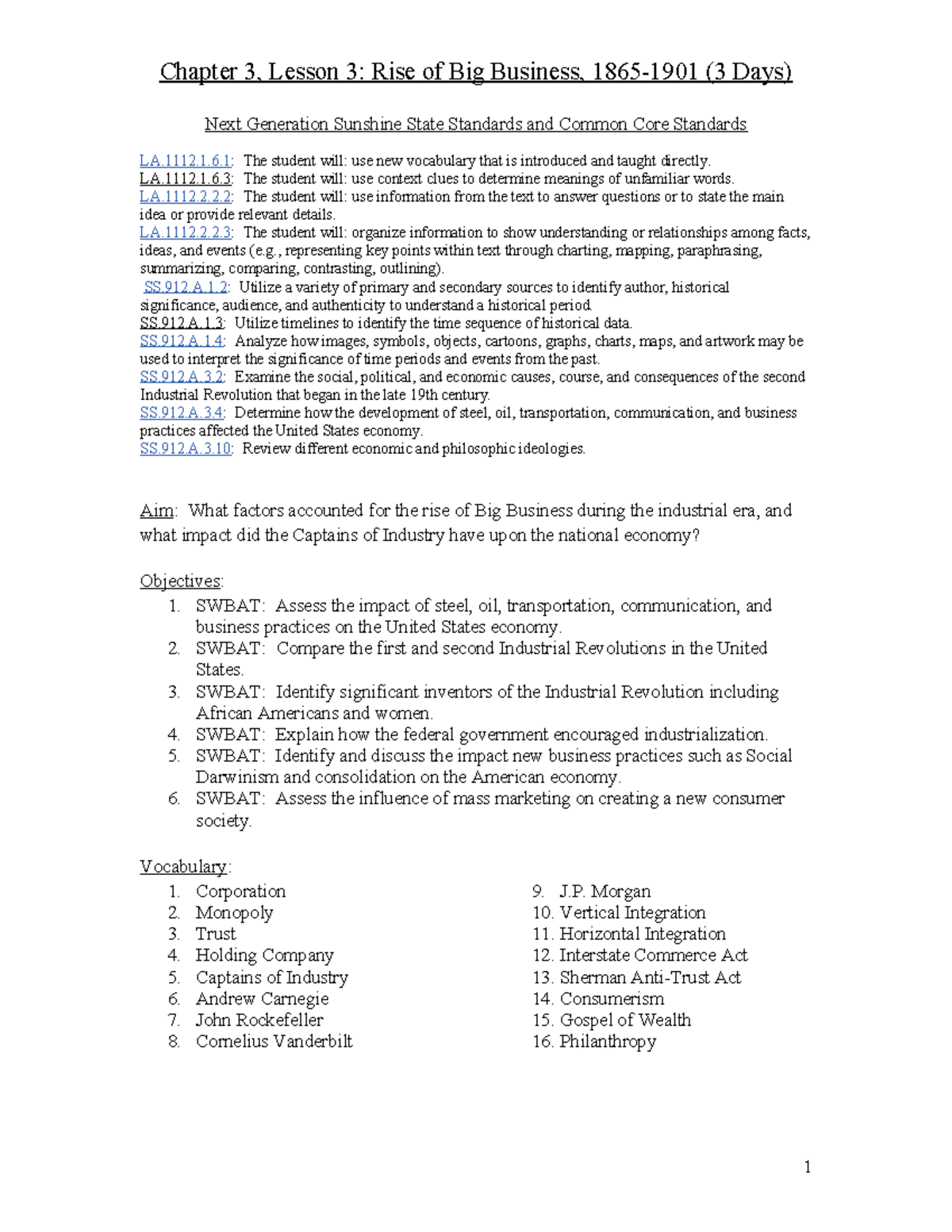 Chapter 3.3 LP- Rise of Big Business - Chapter 3, Lesson 3: Rise of Big ...