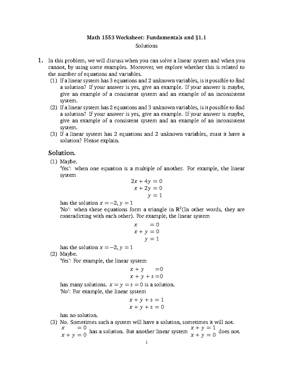 Worksheet 1-solutions - Math 1553 Worksheet: Fundamentals and §1 ...