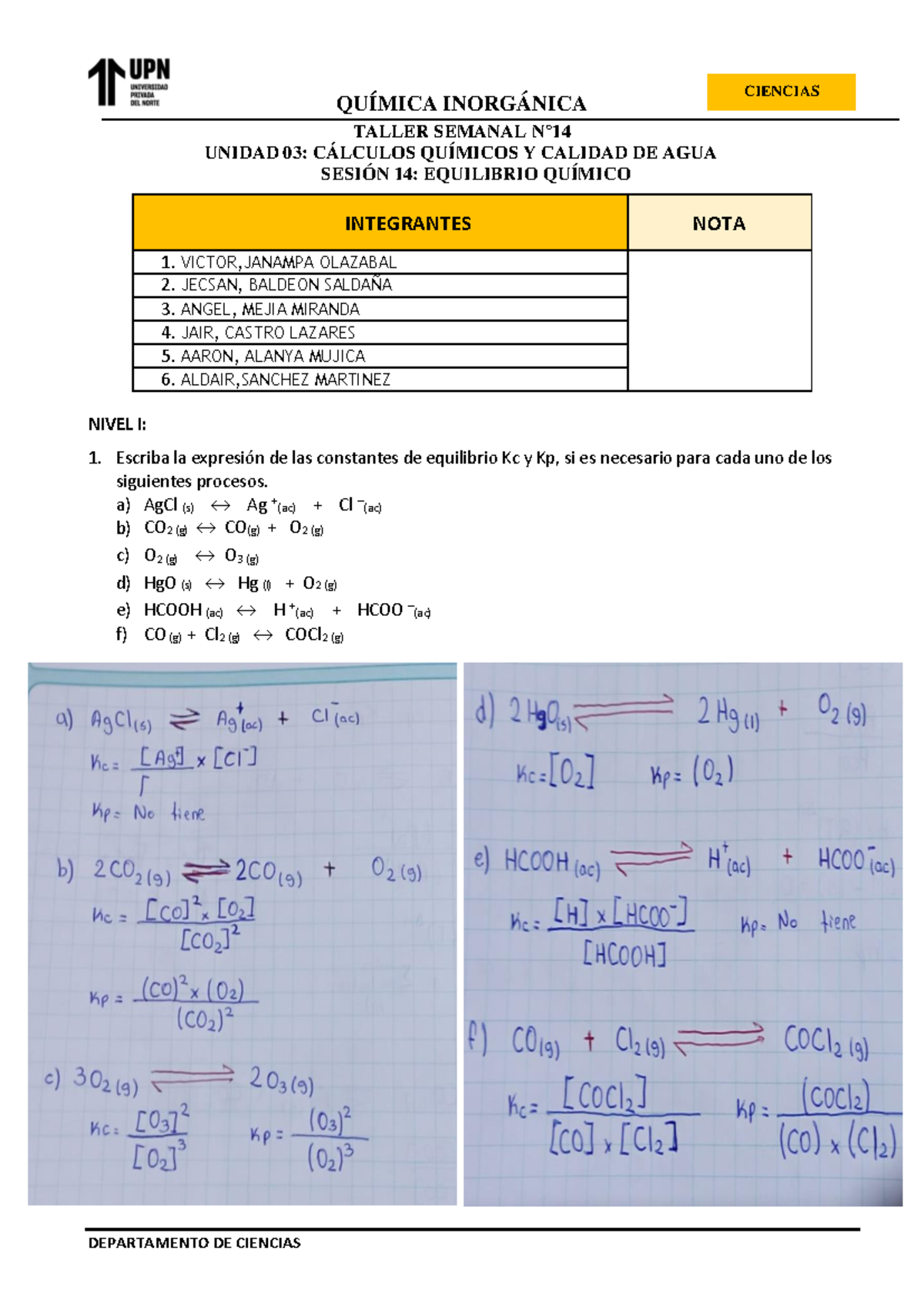 Taller 13 - 20/20 - QUÍMICA INORGÁNICA TALLER SEMANAL N° UNIDAD 03 ...