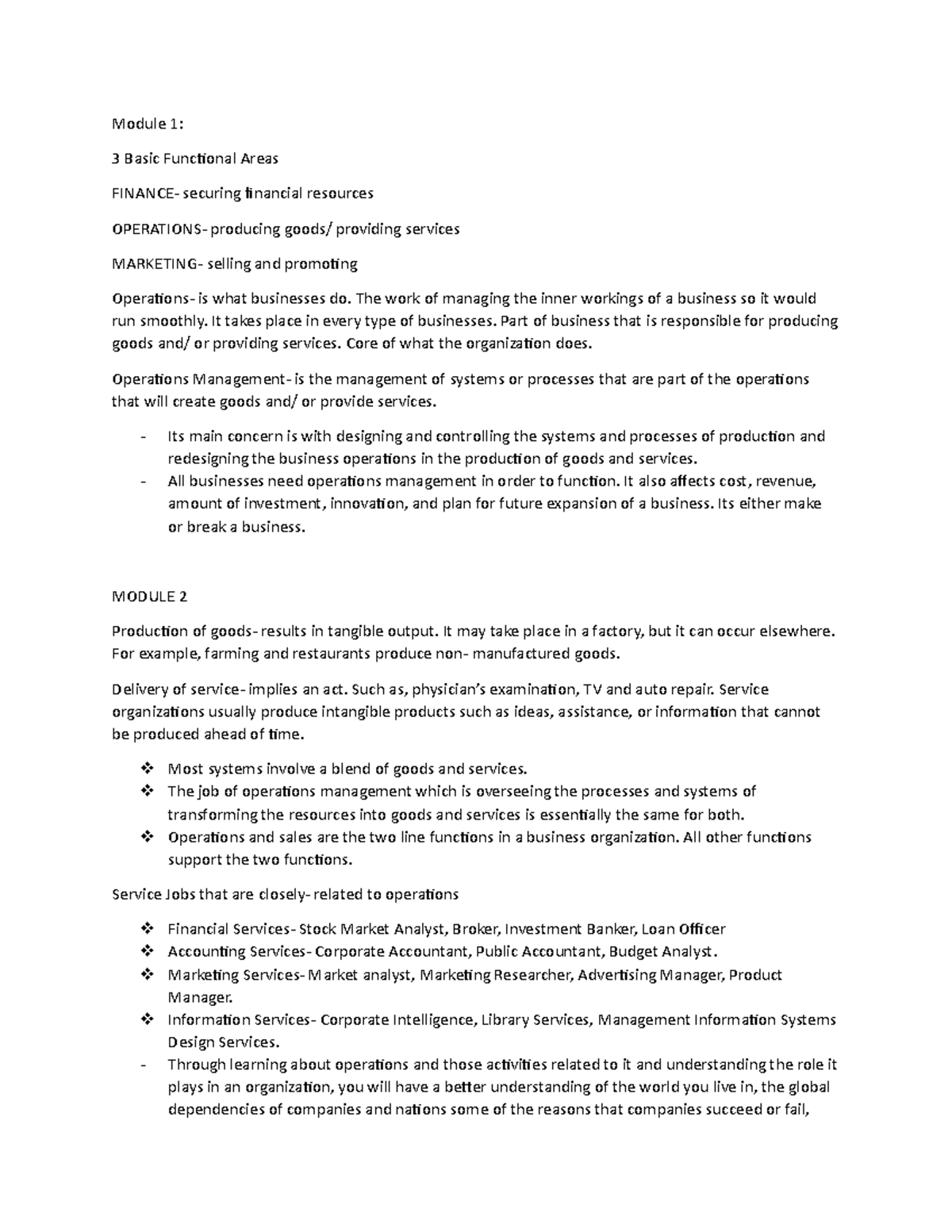 BAM 199- P1 summaries - Module 1: 3 Basic Functional Areas FINANCE ...