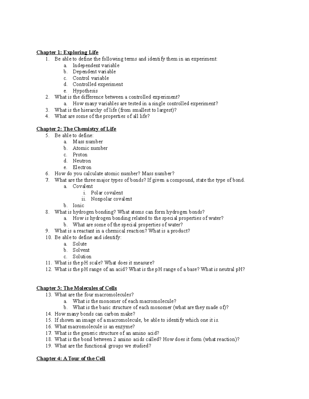 Midterm Study Review Guide - Chapter 1: Exploring Life 1. Be able to ...
