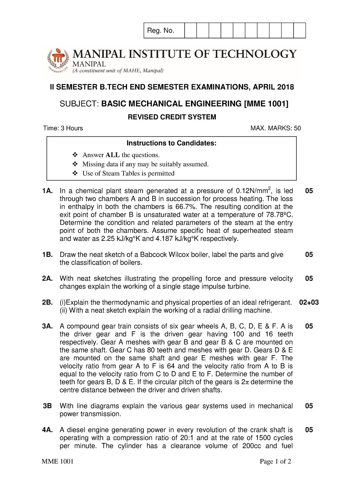 Basic Mechanical Engineering (MME 1001) RCS-1 - MME 1001 Page 1 of 2 II ...