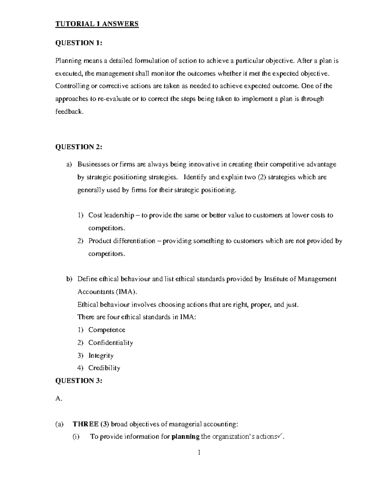 MA 1 TUTORIAL ANSWERS - TUTORIAL 1 ANSWERS QUESTION 1: Planning means a ...