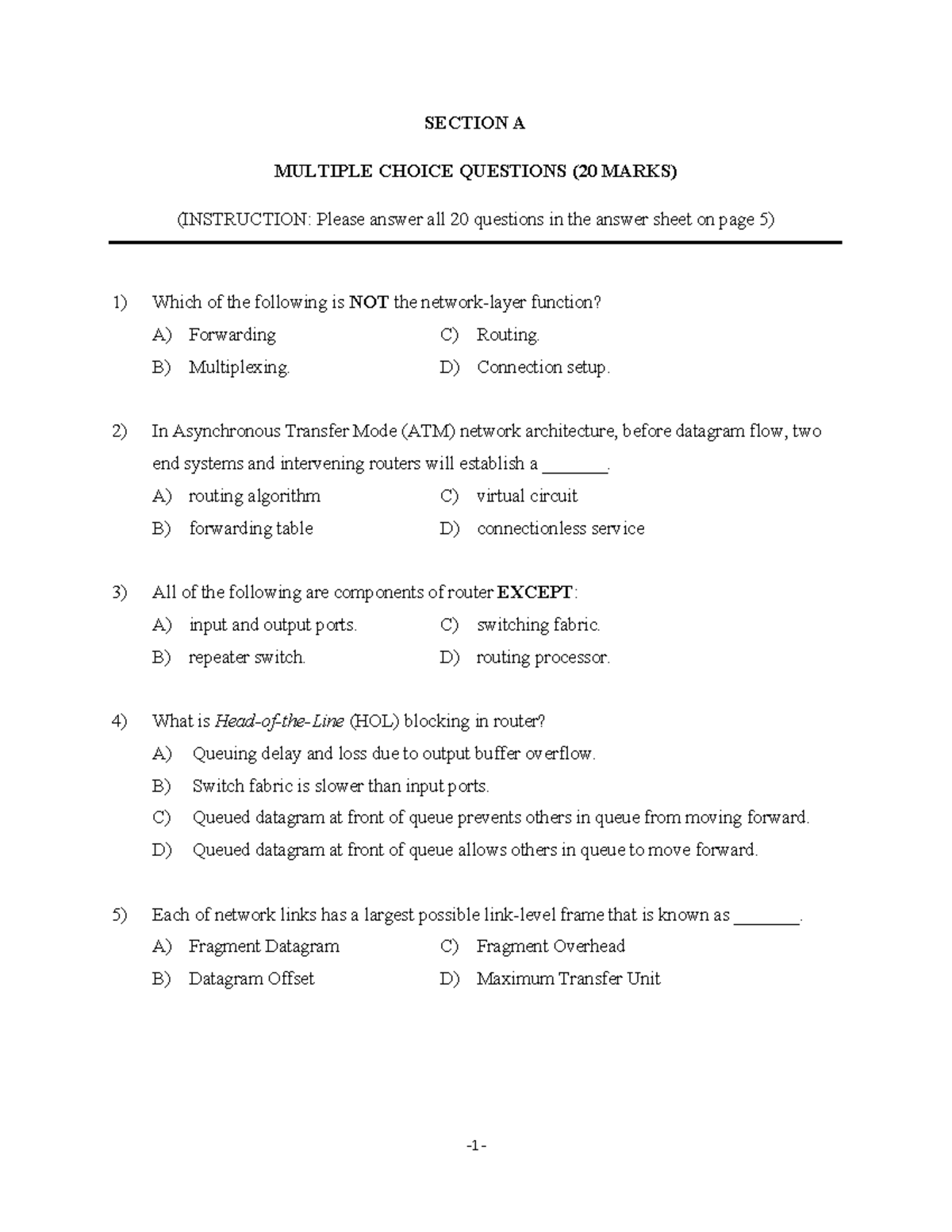 Final Exam 2016-2017 Network Comunication - Section A Multiple Choice 