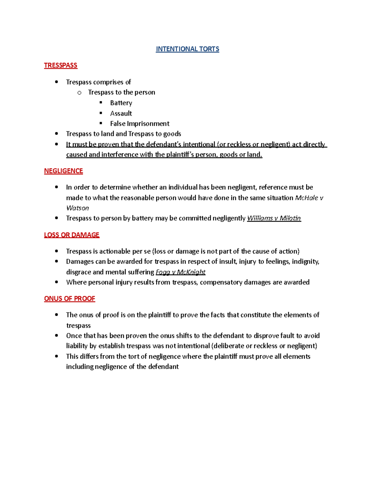 Final Notes FOR Torts - Summary Australian Principles of Tort Law ...