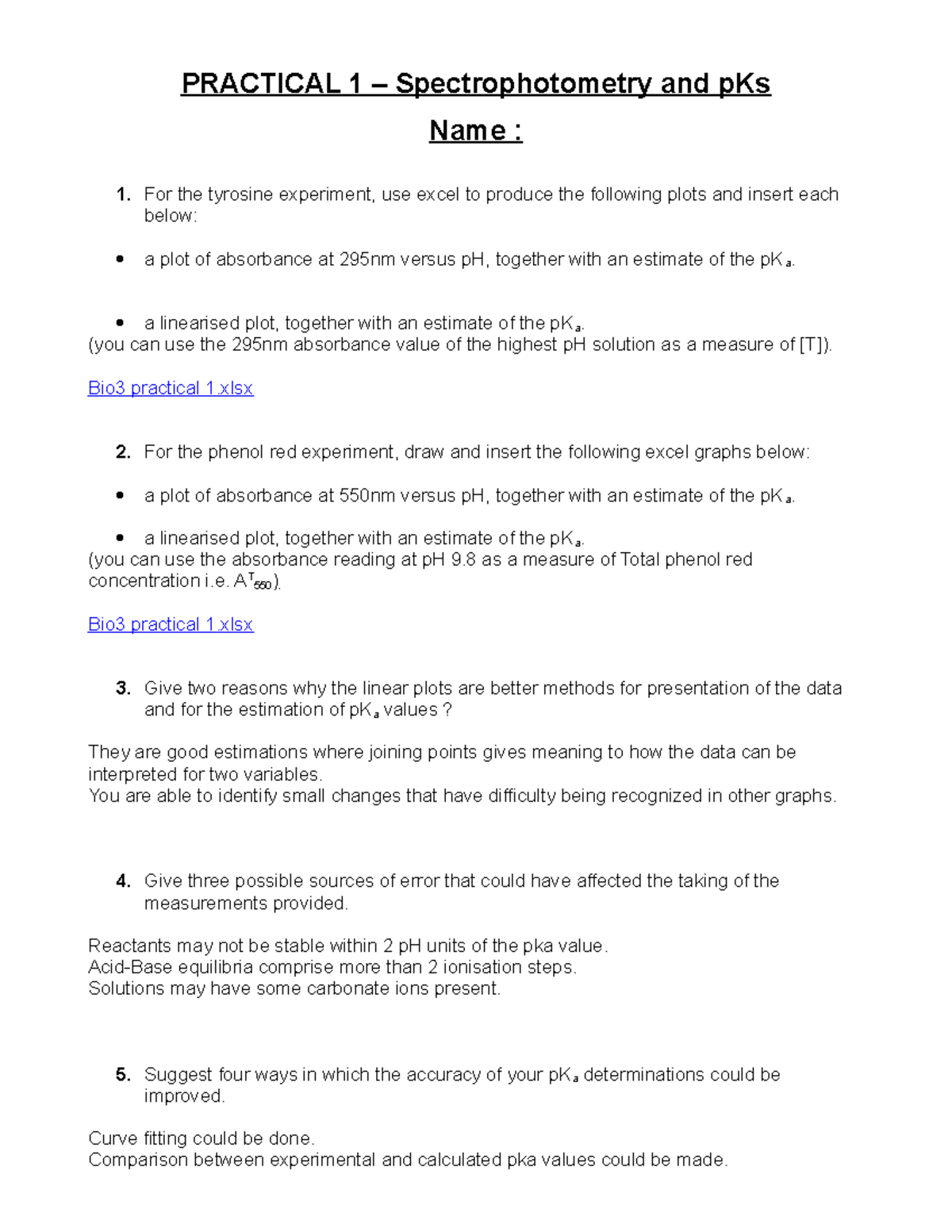 Practical 1 questions 2 PRACTICAL 1 Spectrophotometry and pKs Name