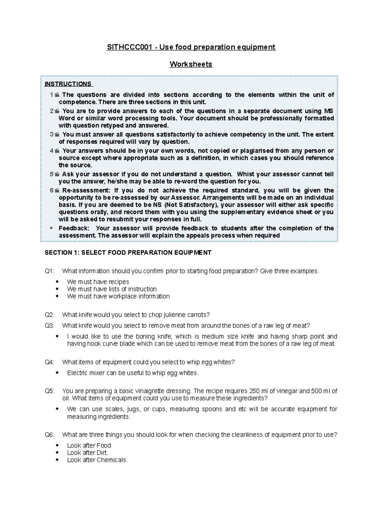 A1 Sithccc 001 Worksheets Ver October 2019 SITHCCC001 Use food preparation equipment