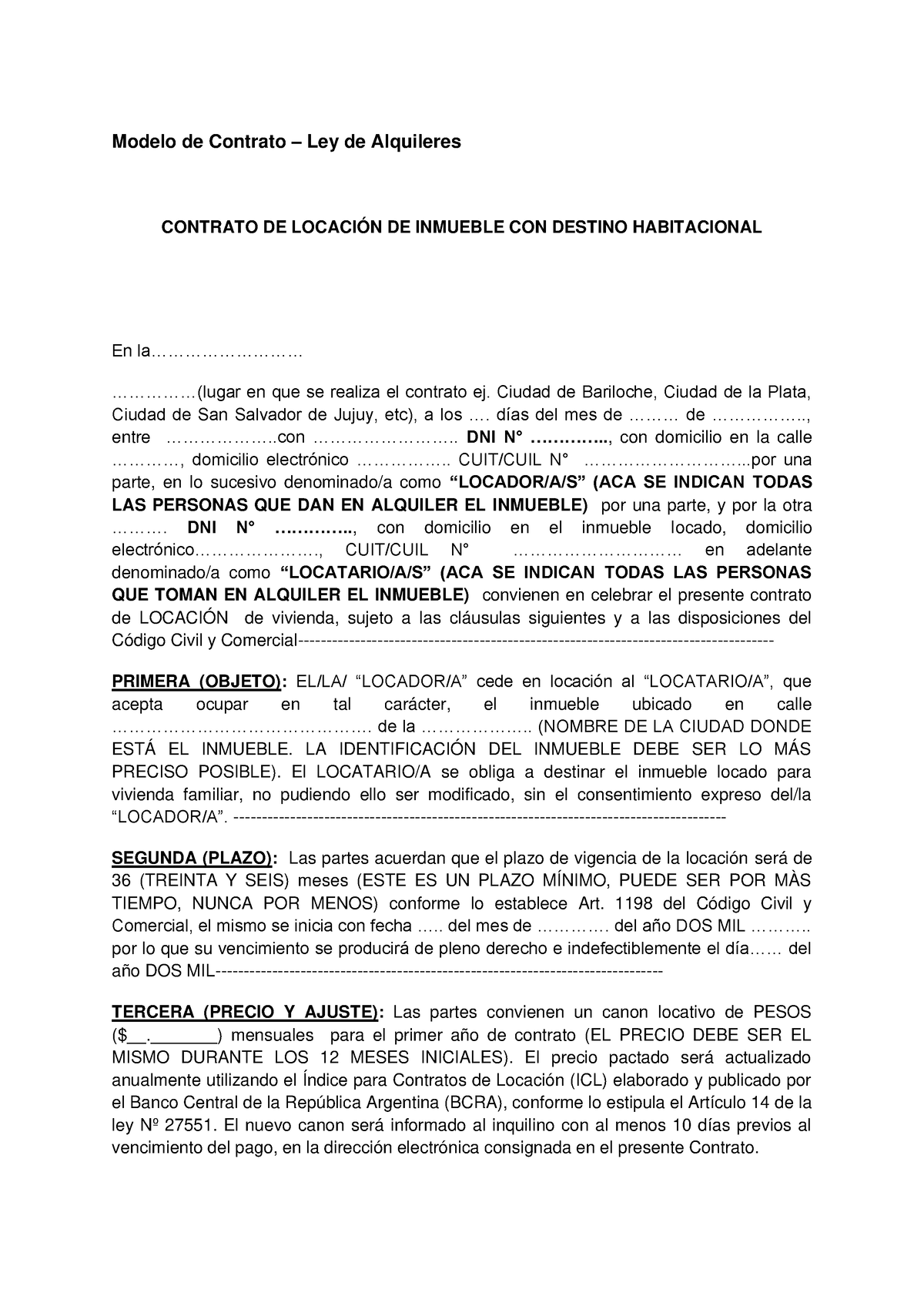 Modelo De Contrato De Locacion Modelo De Contrato Ley De Alquileres Contrato De LocaciÓn De 1919