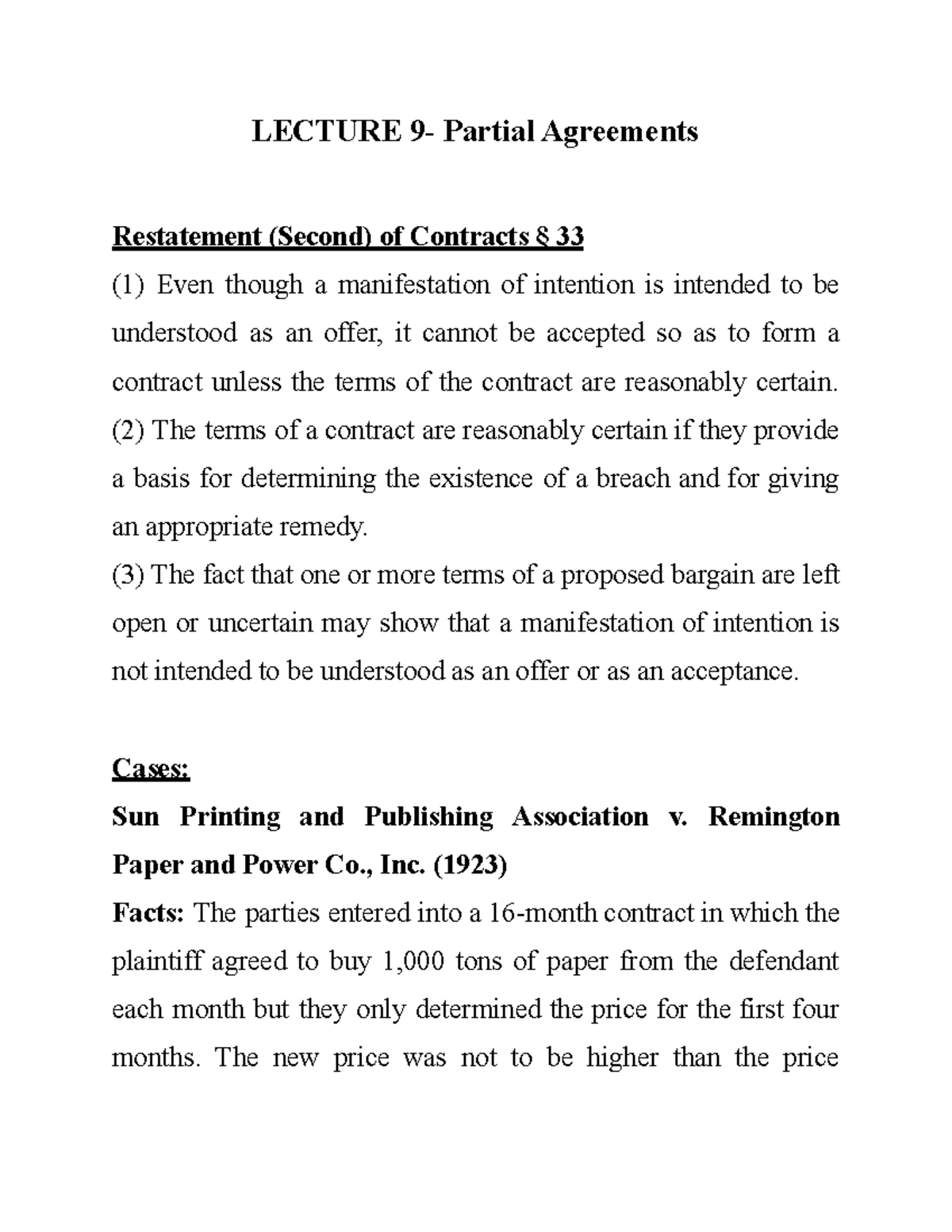 Law 9 Lecture Notes 9 Lecture 9 Partial Agreements Restatement Second Of Contracts 33 Law 9 Lecture Notes 9 Lecture 9 Partial Agreements Restatement Second Of Contracts 33