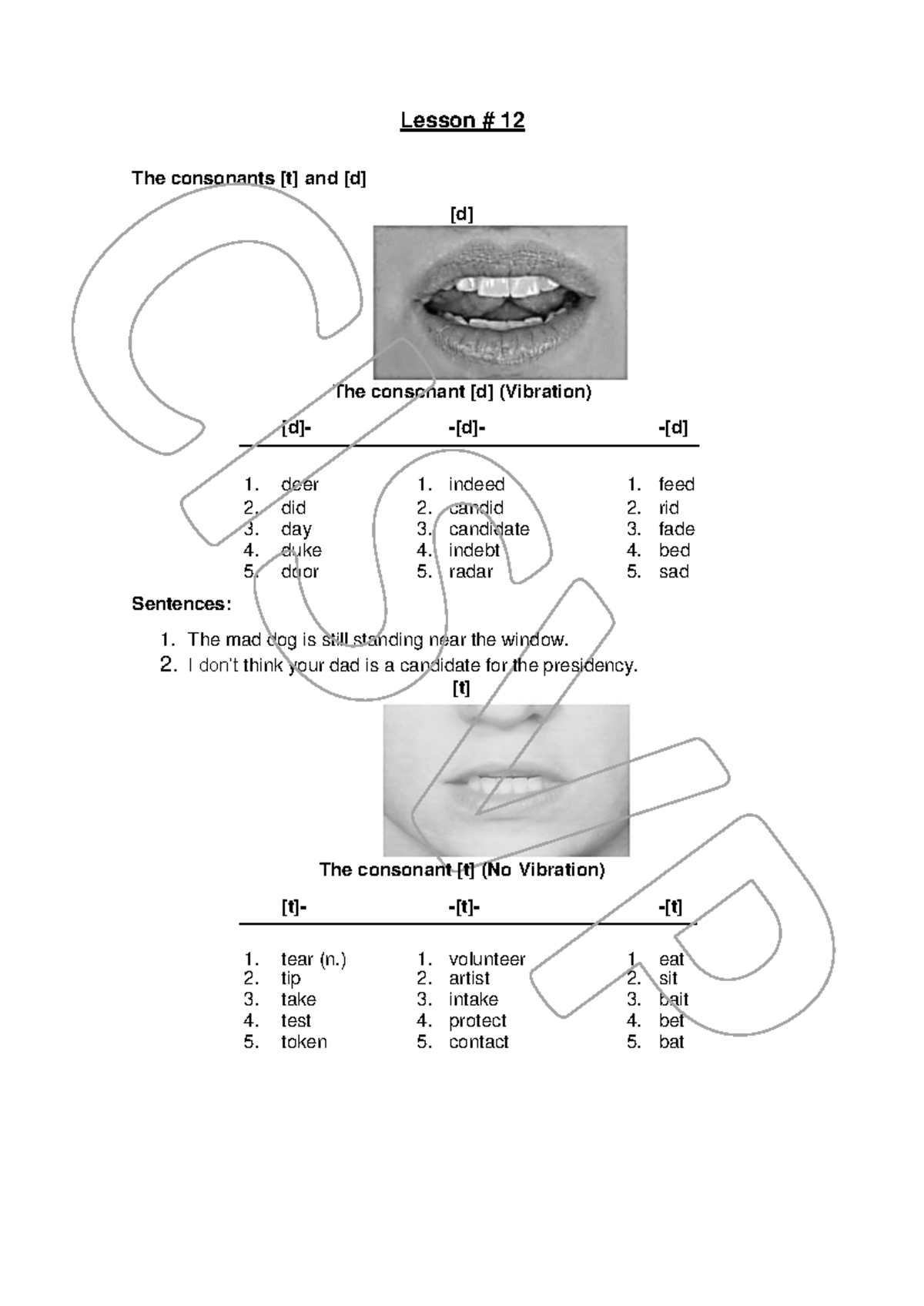 Lesson 12 - Lesson # 12 The consonants [t] and [d] [d] The consonant [d ...