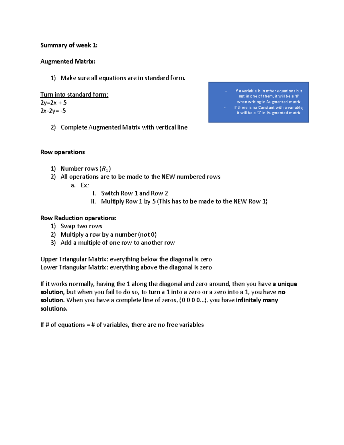 Summary of week 1 MATH - Summary of week 1: Augmented Matrix: Make sure ...