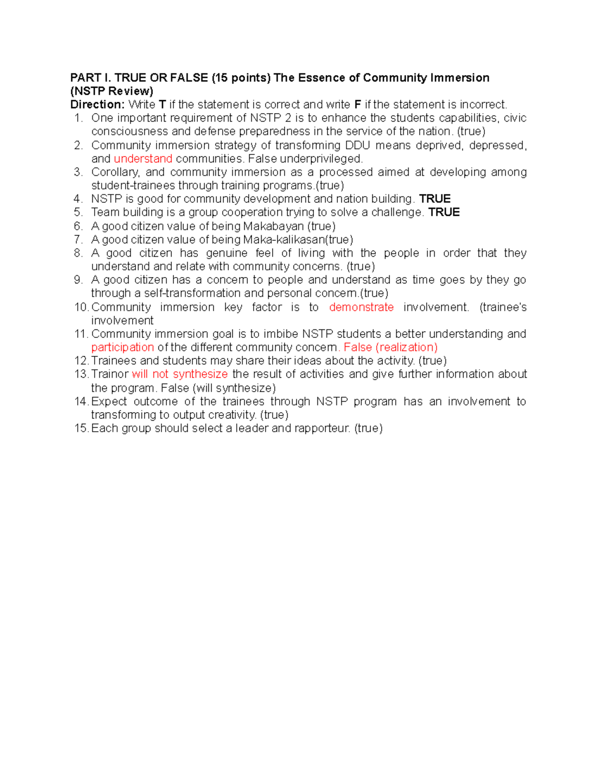 Nstp 2 - true or false - NSTP 2 - PART I. TRUE OR FALSE (15 points) The ...