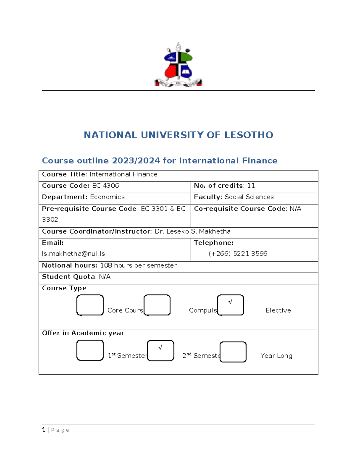 EC 4306 Course Outline - NATIONAL UNIVERSITY OF LESOTHO Course outline ...