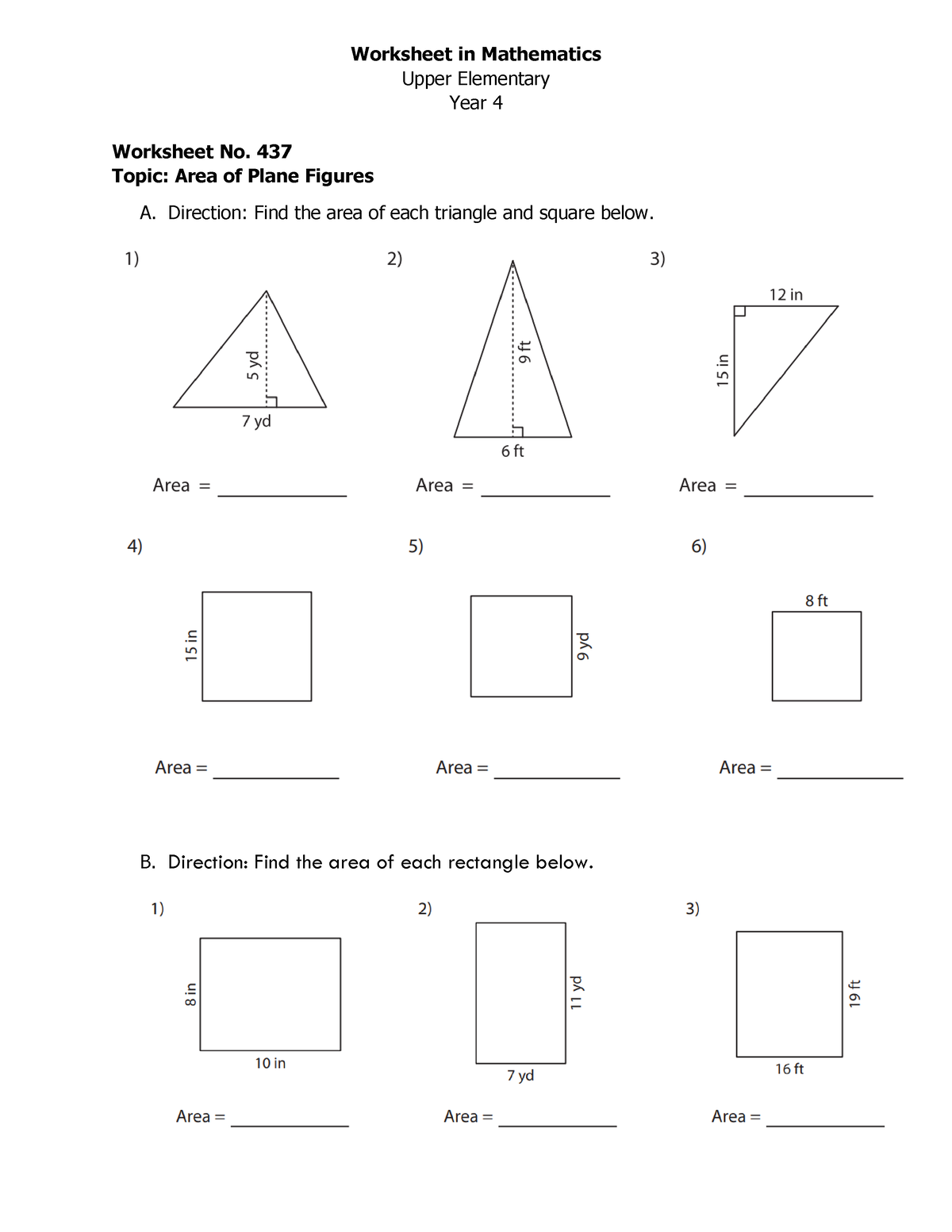 437. Area of Triangle, Square, and Rectangle Worksheet - Worksheet in ...