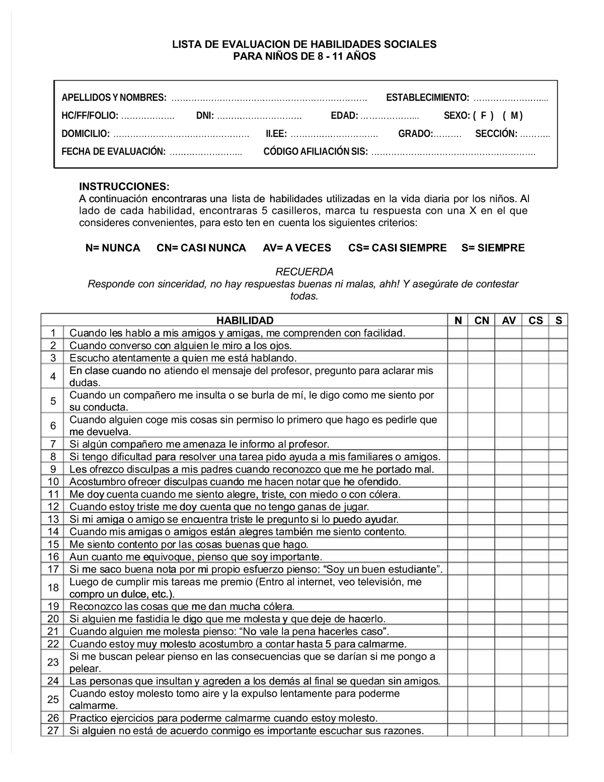 Test Habilidades Sociales Lista De Evaluacion De Habilidades Socialeslista De Evaluacion De 7859