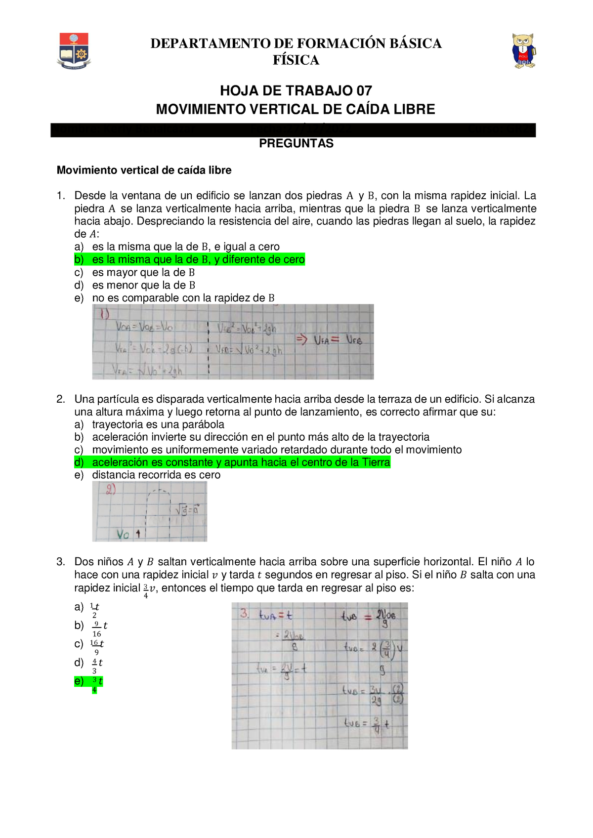 HOJA 7 Fisica - HOJA DE TRABAJO 7 - DEPARTAMENTO DE FORMACIÓN BÁSICA ...