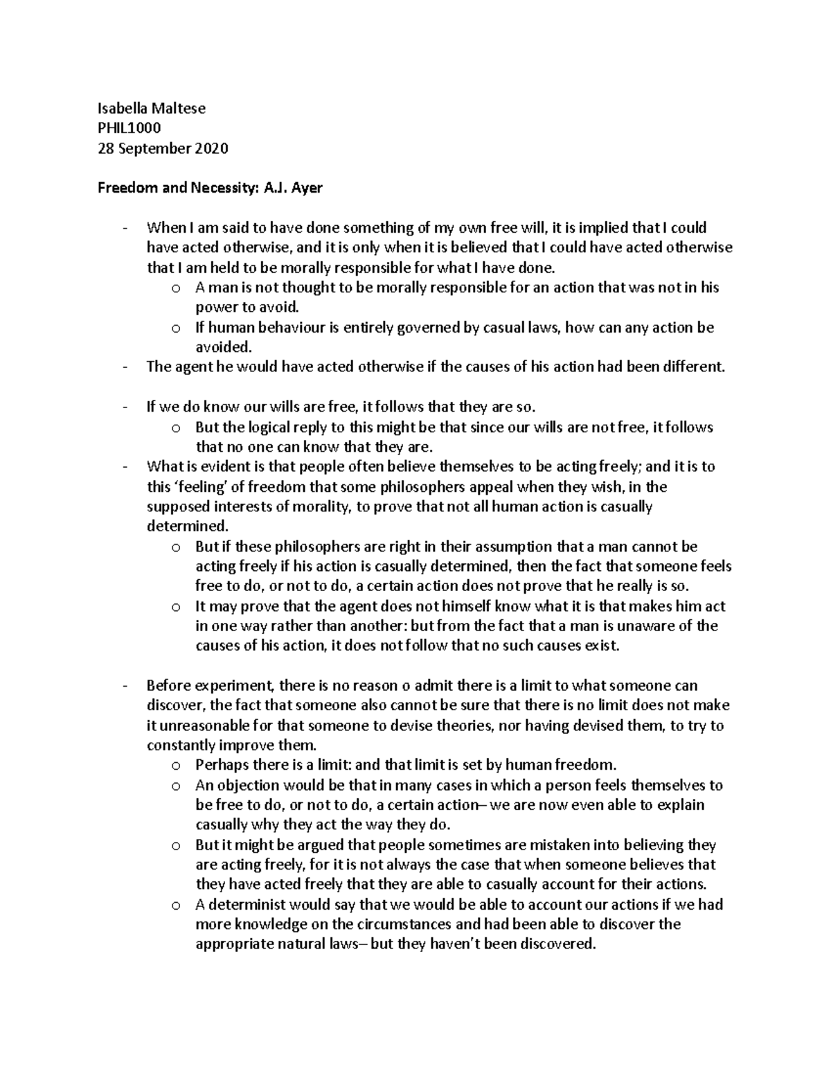 Ayer- Free Will and Necessity - Isabella Maltese PHIL 28 September 2020 ...