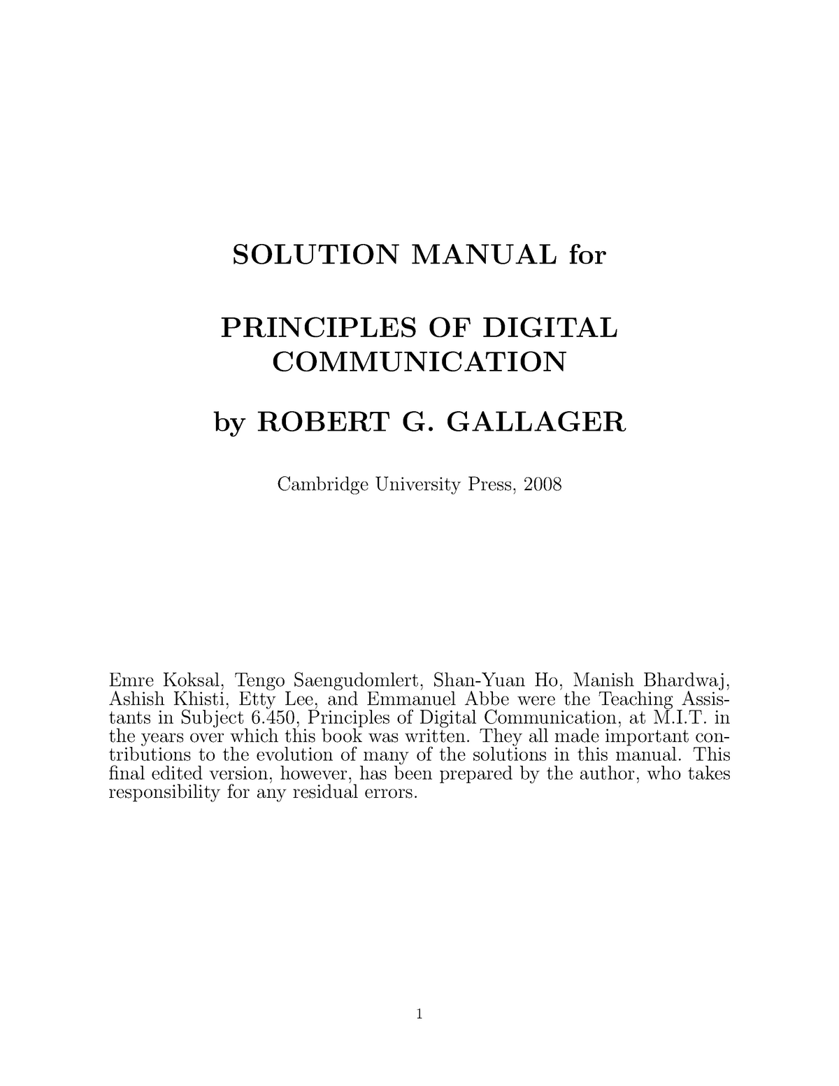 Principles of Digital communication Solutions - SOLUTION MANUAL