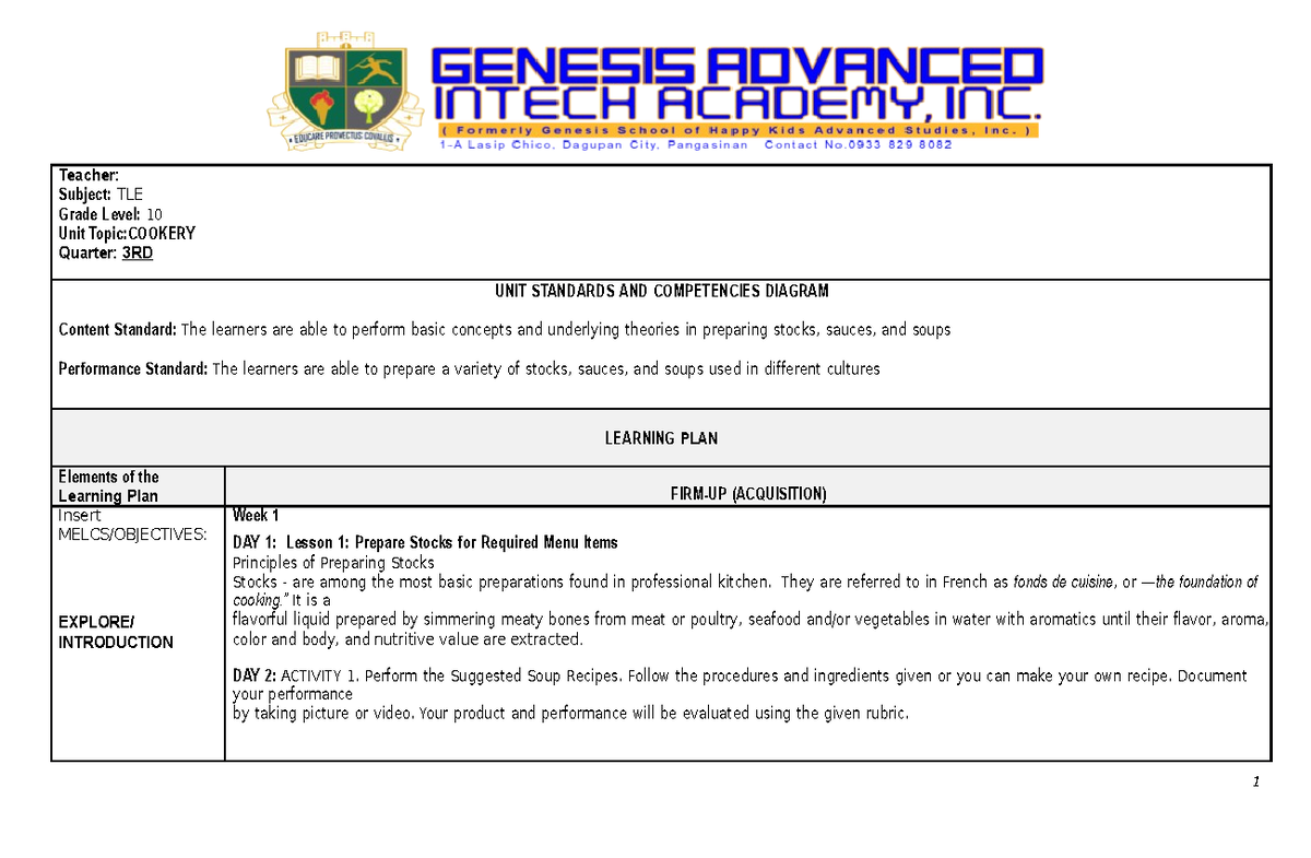 LP TLE 10 3RD Quarter - NOTE - Teacher: Subject: TLE Grade Level: 10 ...