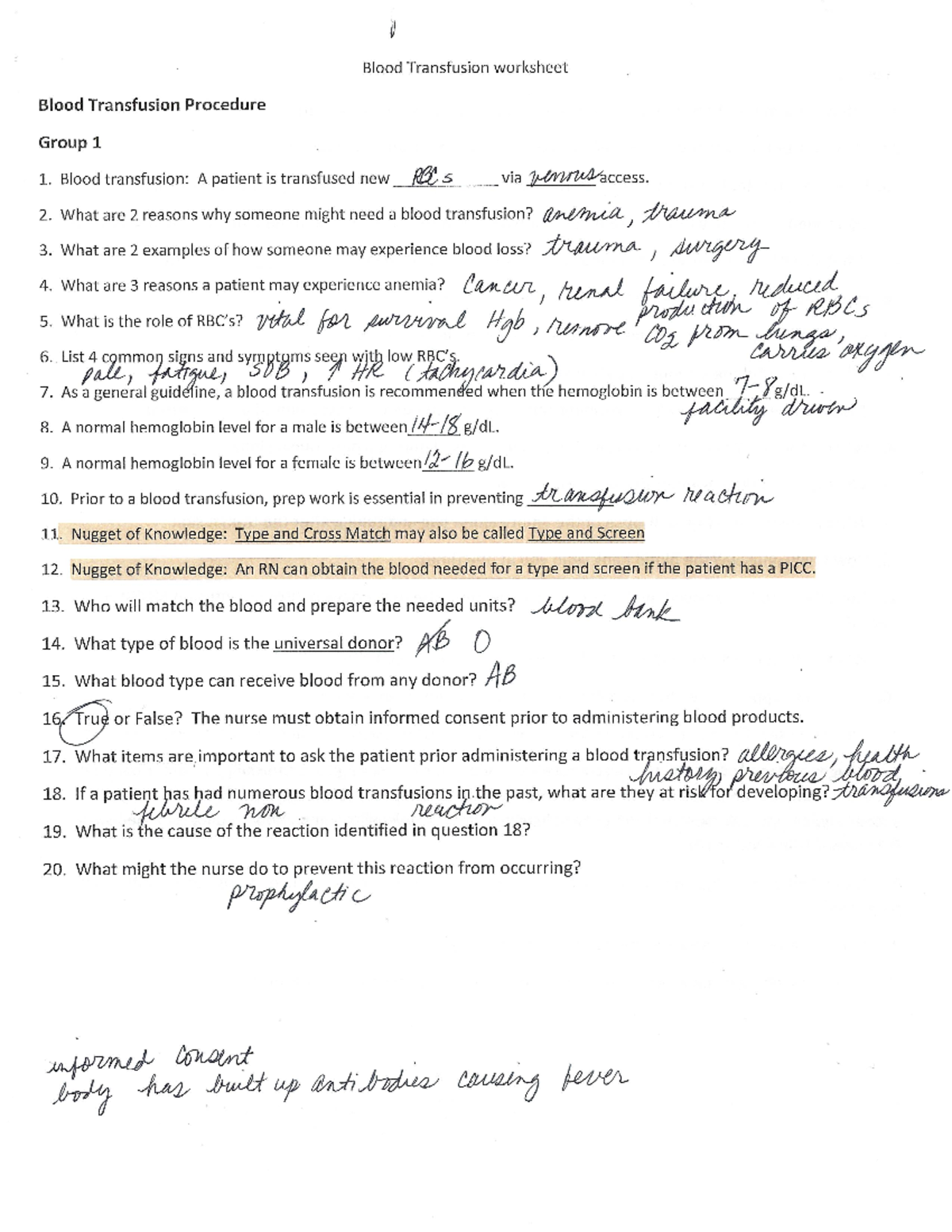 Blood transfusion Each group in lab was assigned questions to