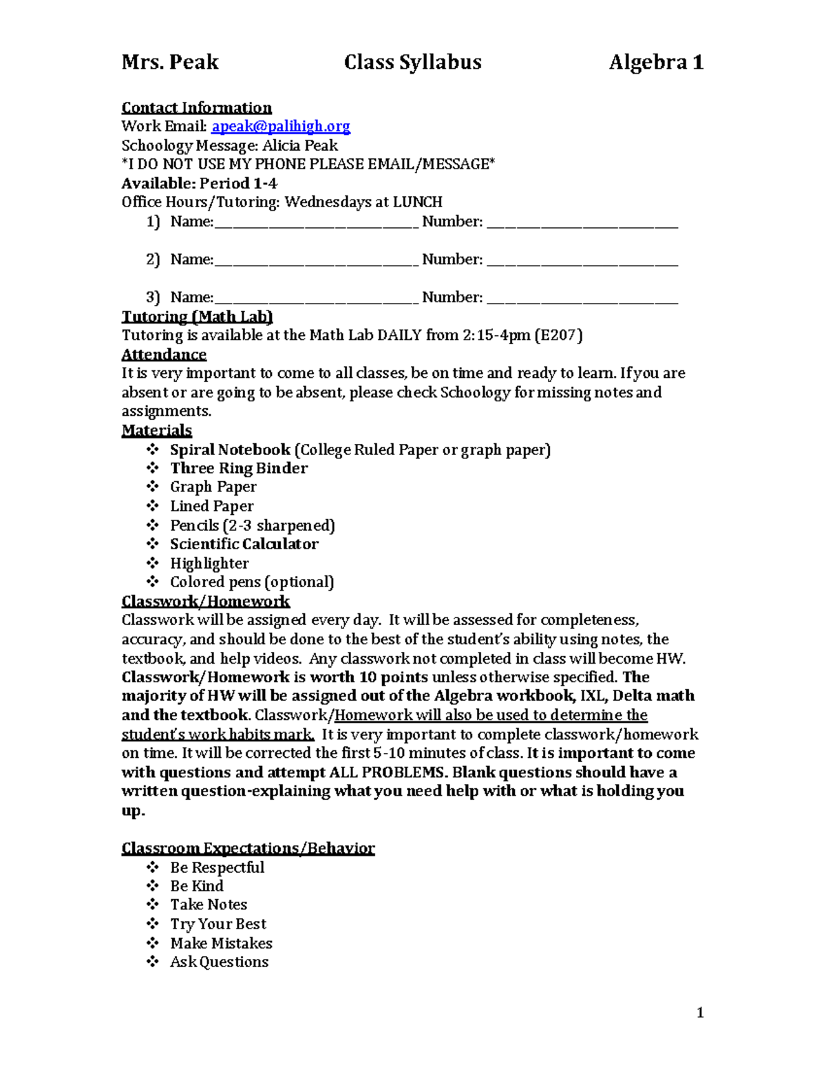 Algebra 1Syllabus 20222023 Mrs. Peak Class Syllabus Algebra 1 1