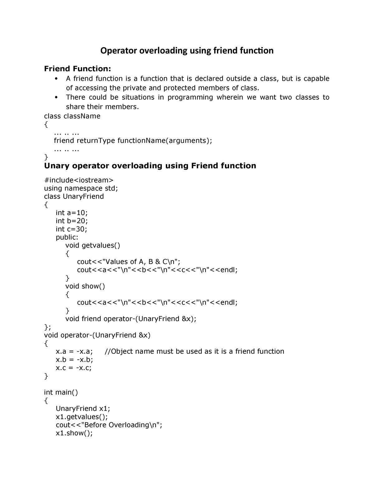 assignment operator overloading using friend function