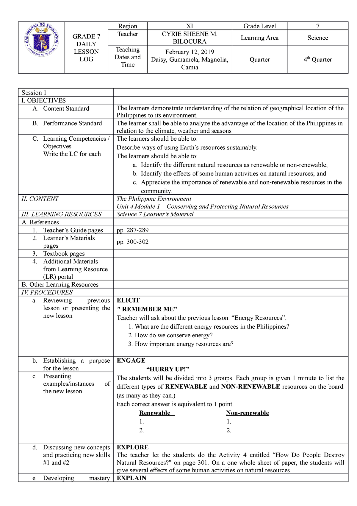 Conserving AND Protecting Natural Resources - GRADE 7 DAILY LESSON LOG ...