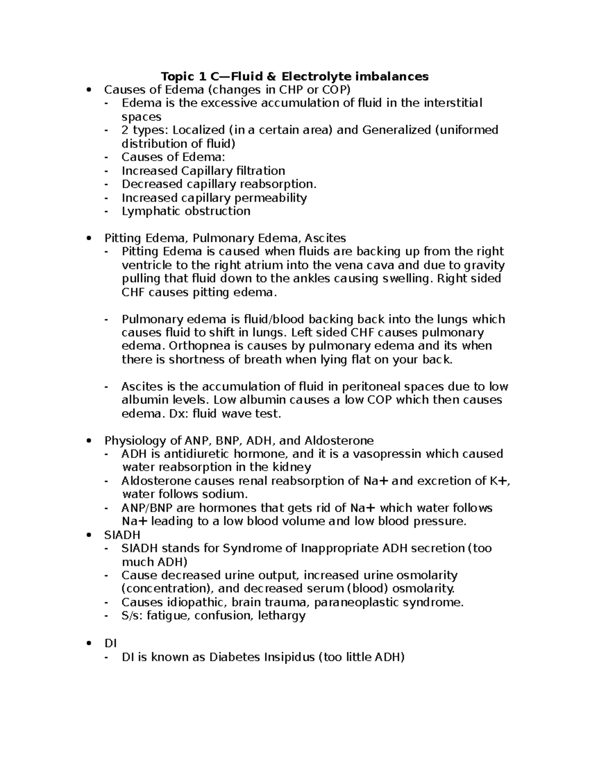 Topic 1 C - Topic 1 C—Fluid & Electrolyte imbalances Causes of Edema ...