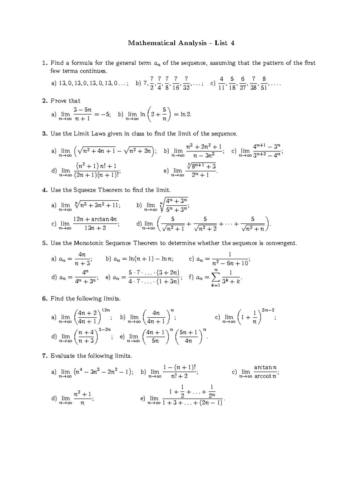 Analiza lista 4 - Mathematical Analysis - List 4 Find a formula for the ...