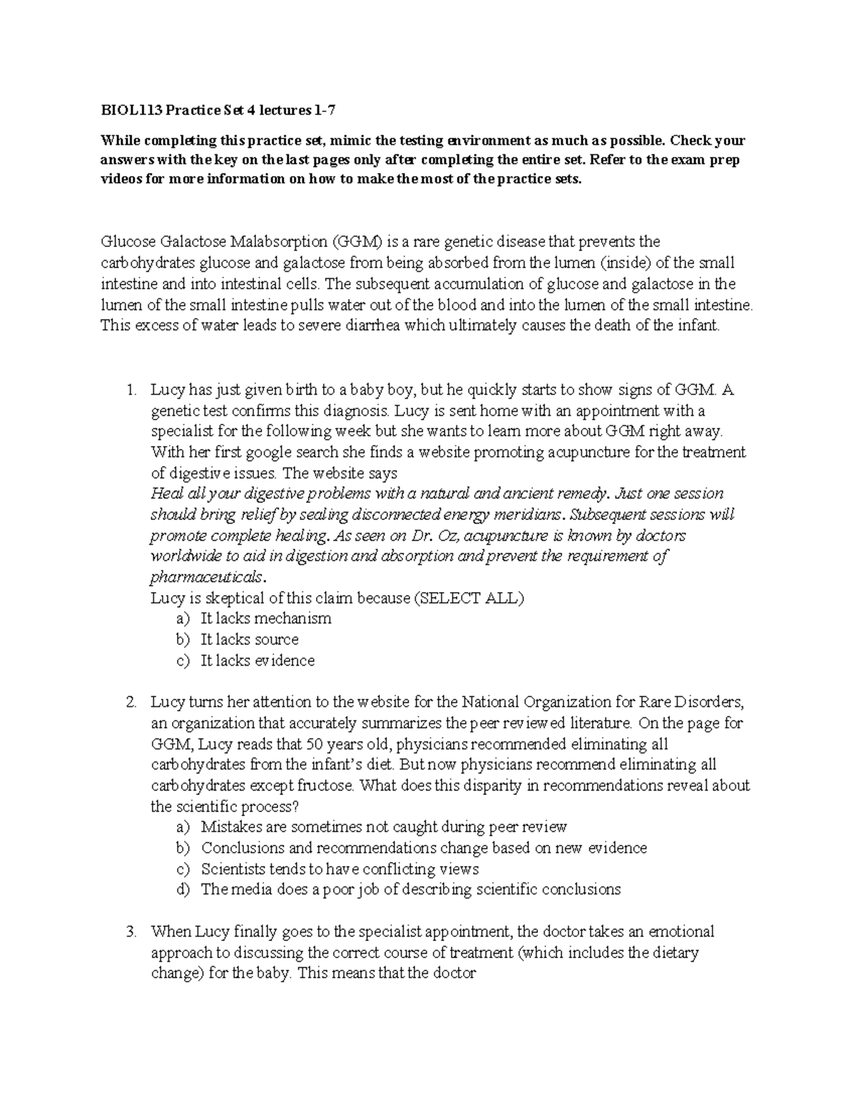 BIOL113 Practice Set 4 lectures 1-7 - Check your answers with the key ...