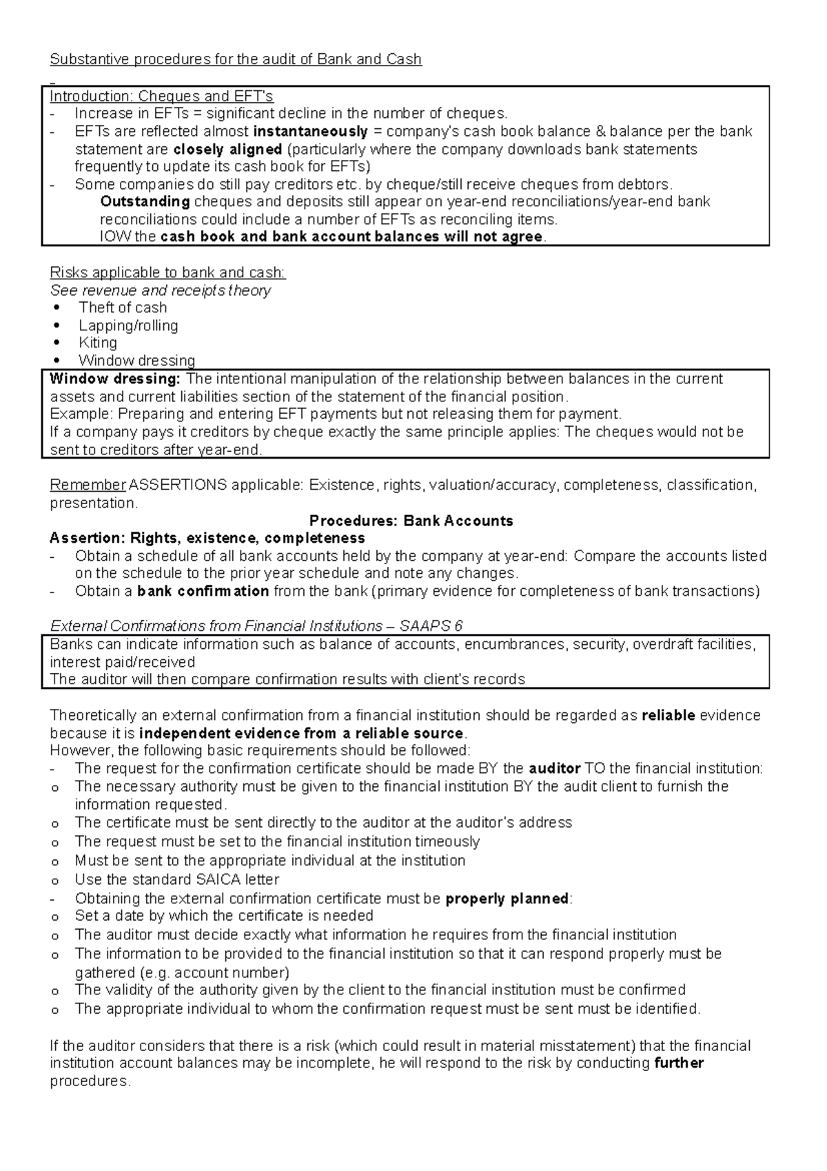 ROV301.13 (Bank and Cash) Substantive procedures for the