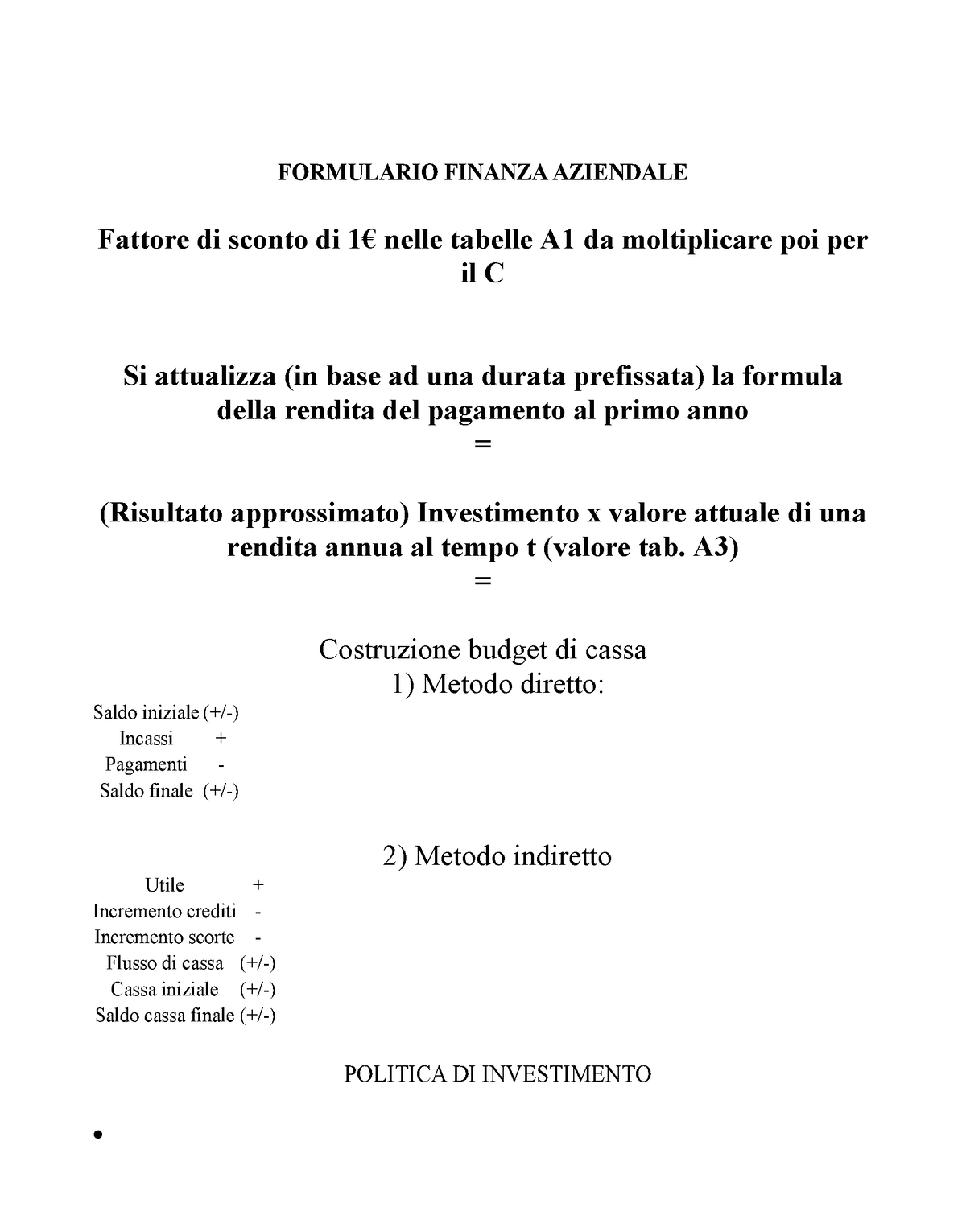 Finanza Aziendale formule, Formulari di Finanza Aziendale