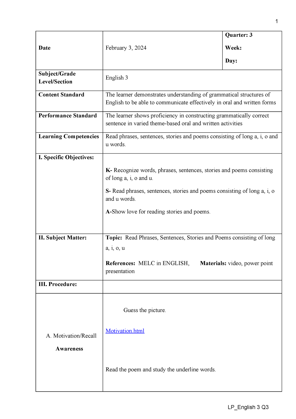 Lesson Plan With Integration - Date February 3, 2024 Quarter: 3 Week 