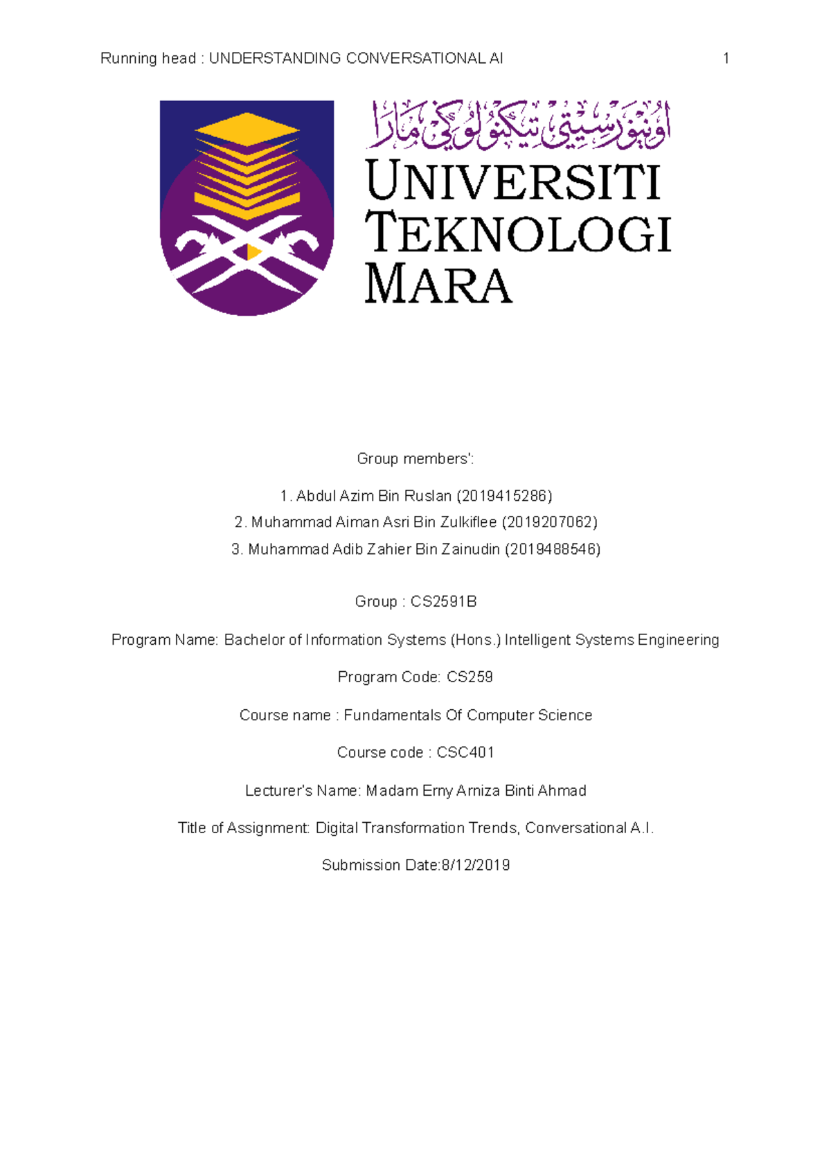 CSC401 Group Project CS2591B 2019 Conversational AI - Group members ...
