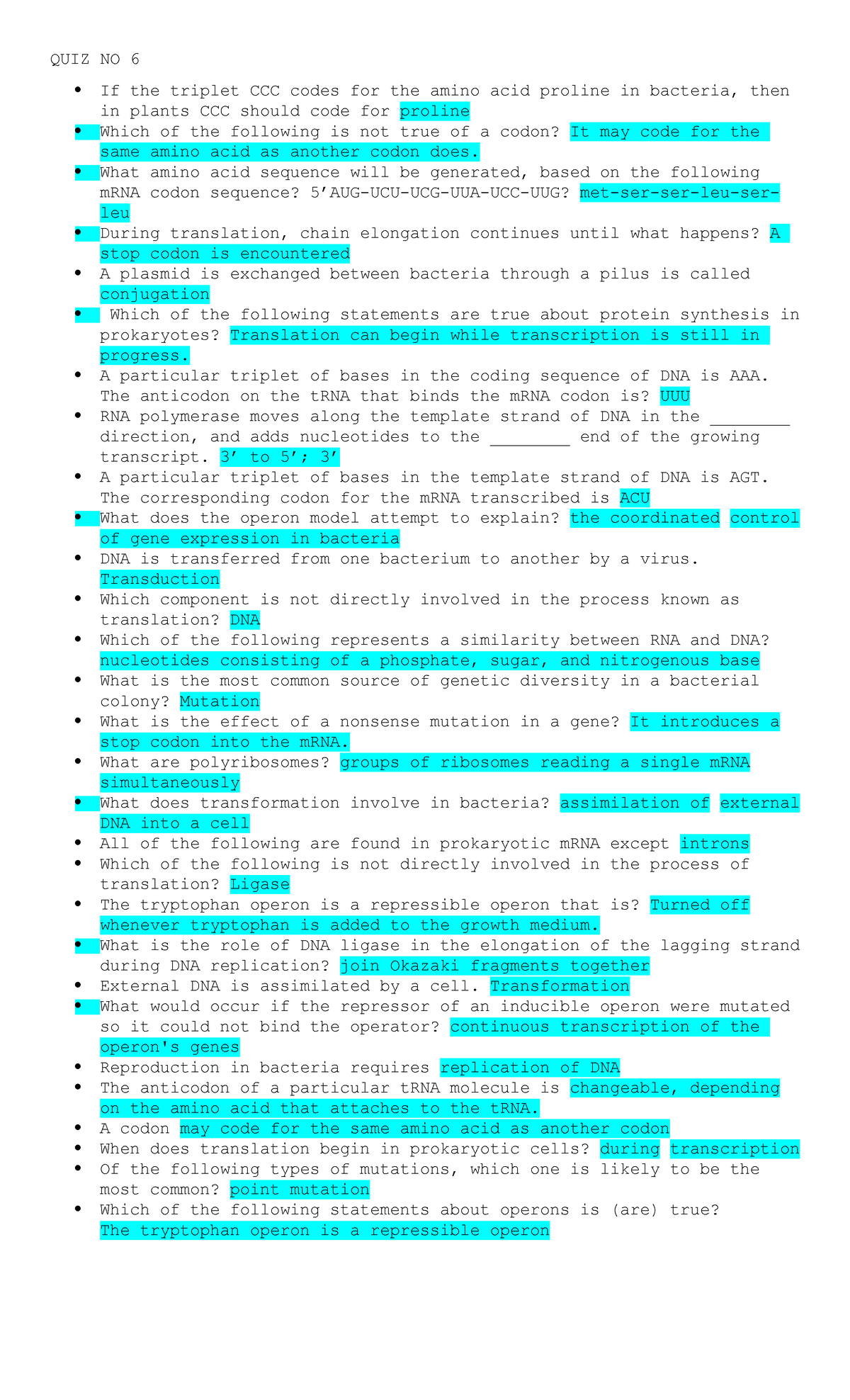 Micro QUIZ 6 Reviewer - worksheet - QUIZ NO 6 If the triplet CCC codes ...