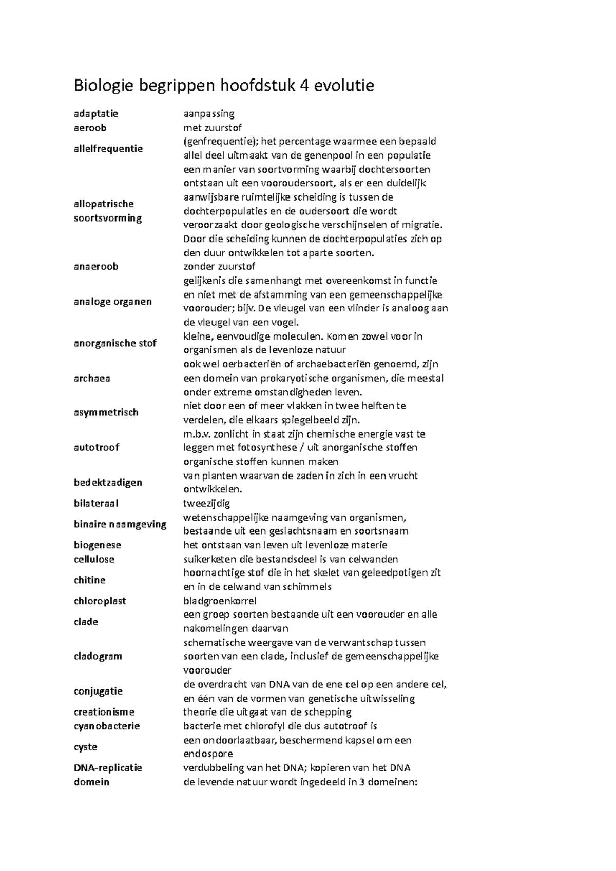 Bio Begrippen H4 Evolutie - Biologie Begrippen Hoofdstuk 4 Evolutie ...