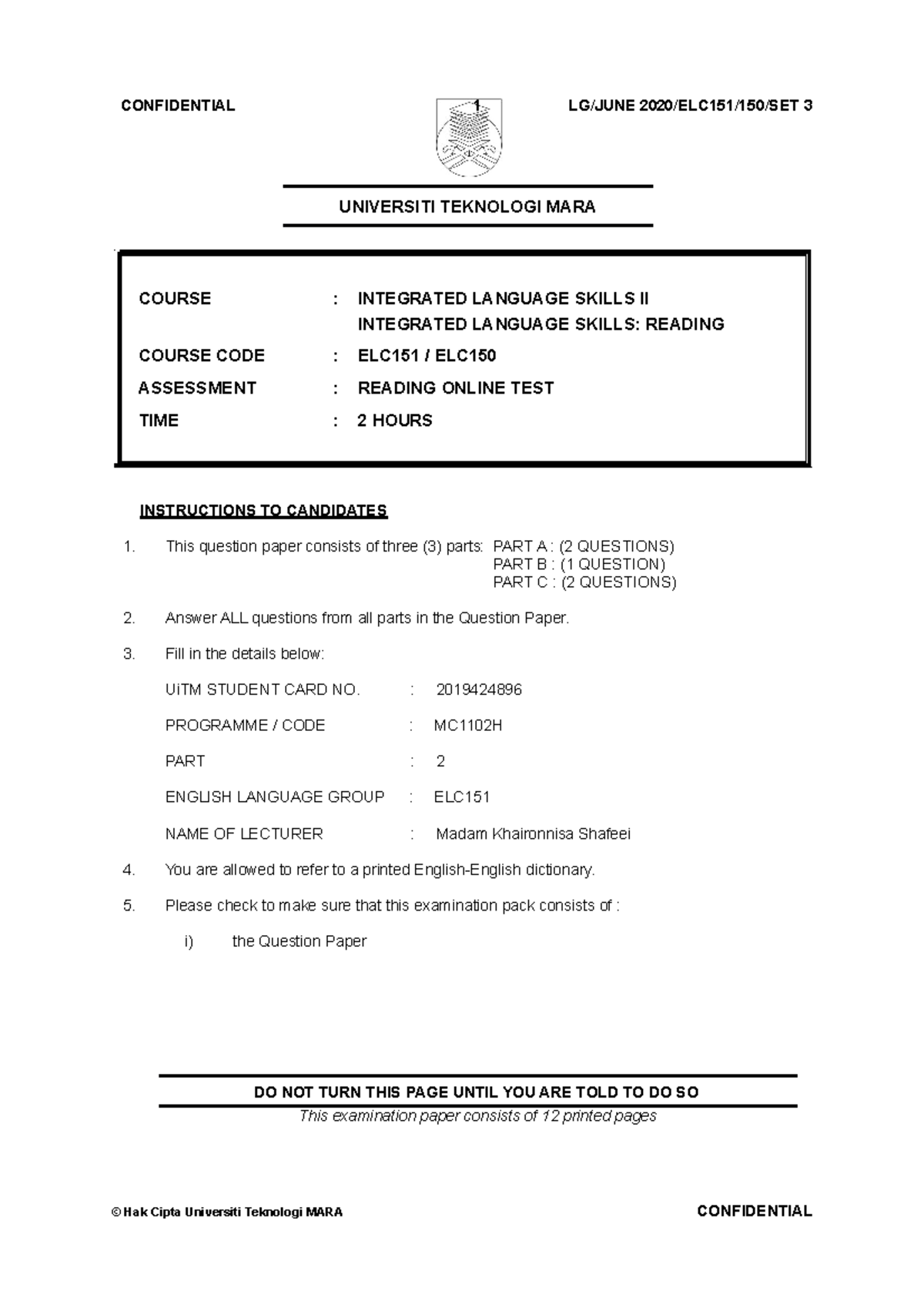 Reading TEST - none - CONFIDENTIAL 20/ELC151/150/SET 3 COURSE ...