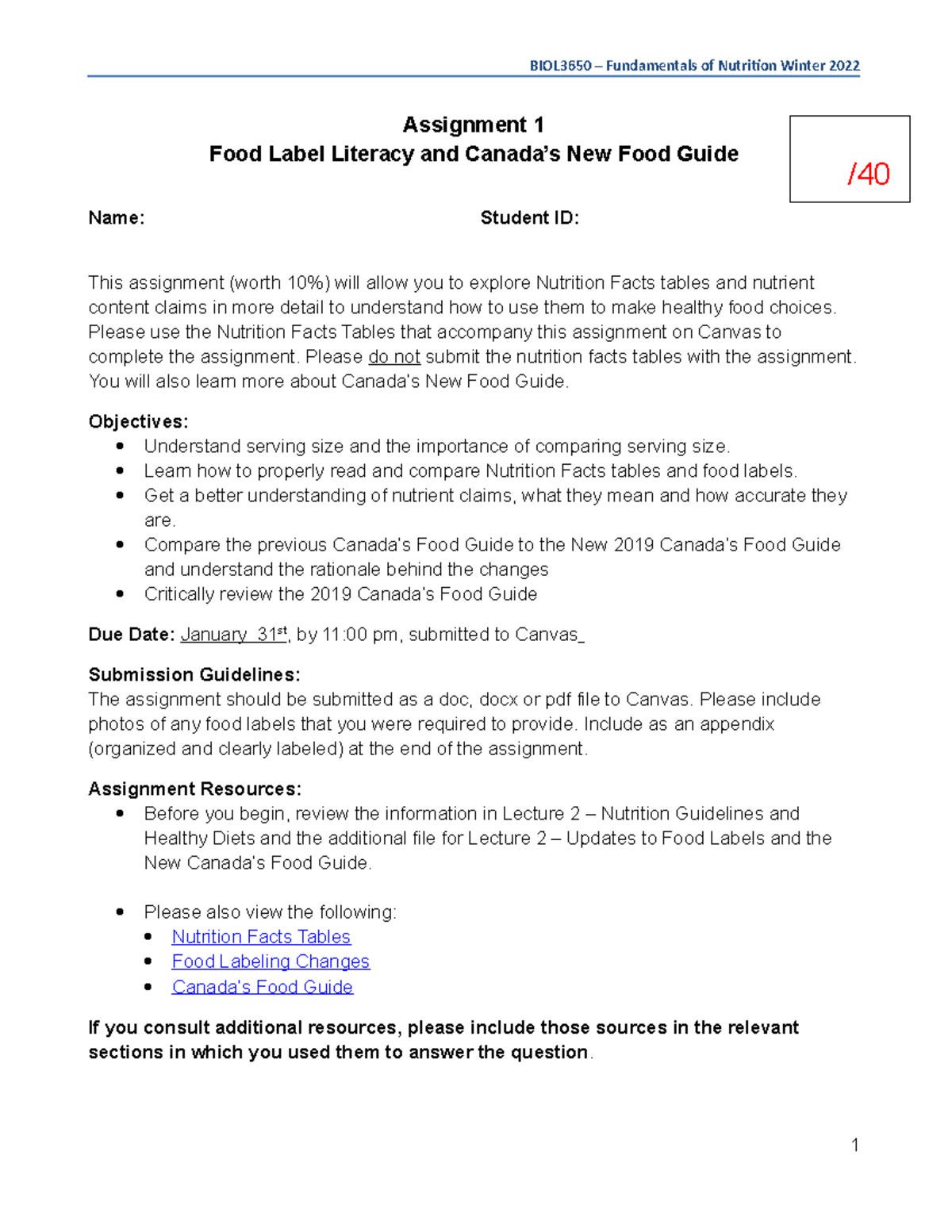 BIOL3650 Assignment 1 W2022 - Assignment 1 Food Label Literacy and ...