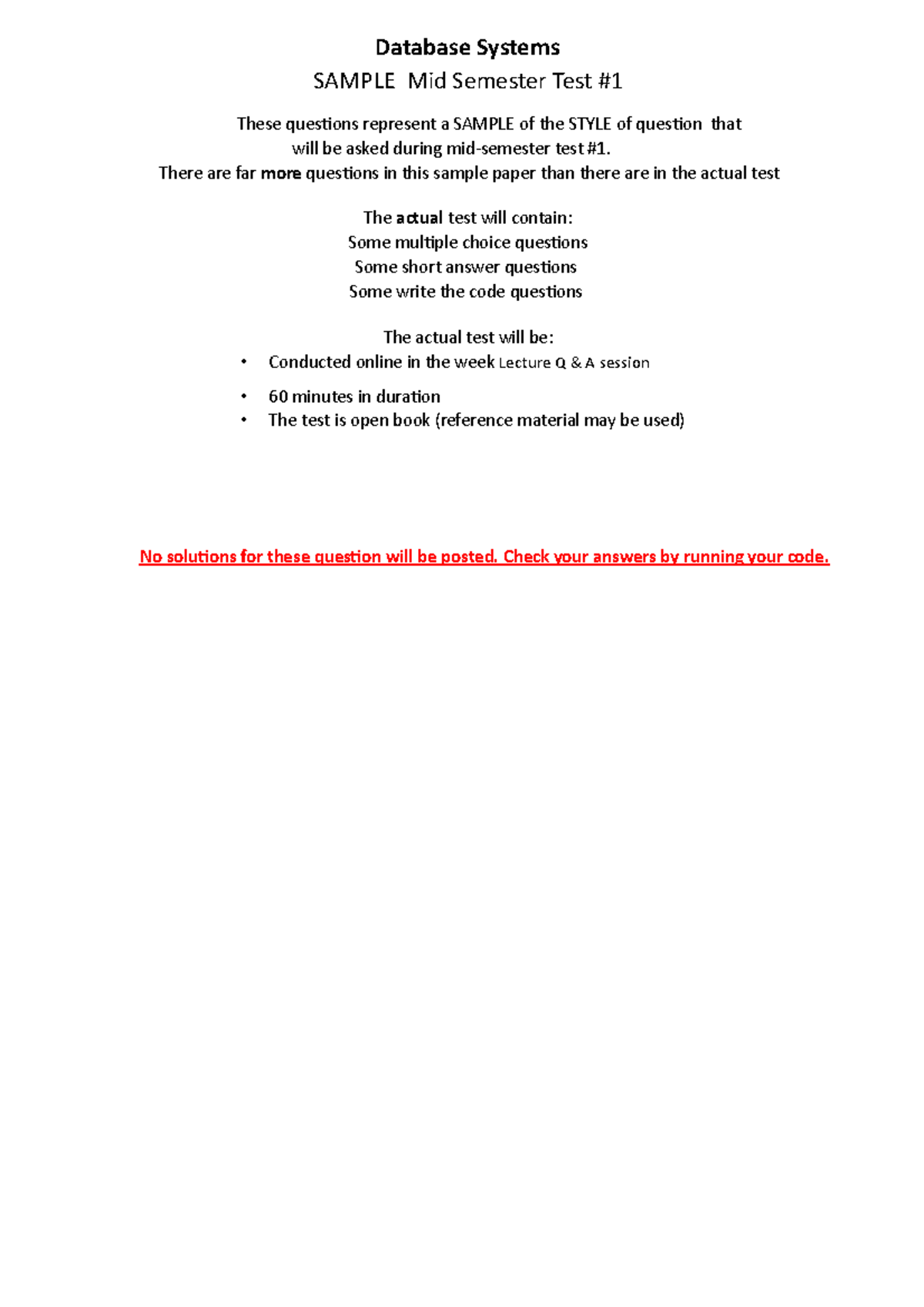 Test1 Sample Questions - Database Systems SAMPLE Mid Semester Test ...