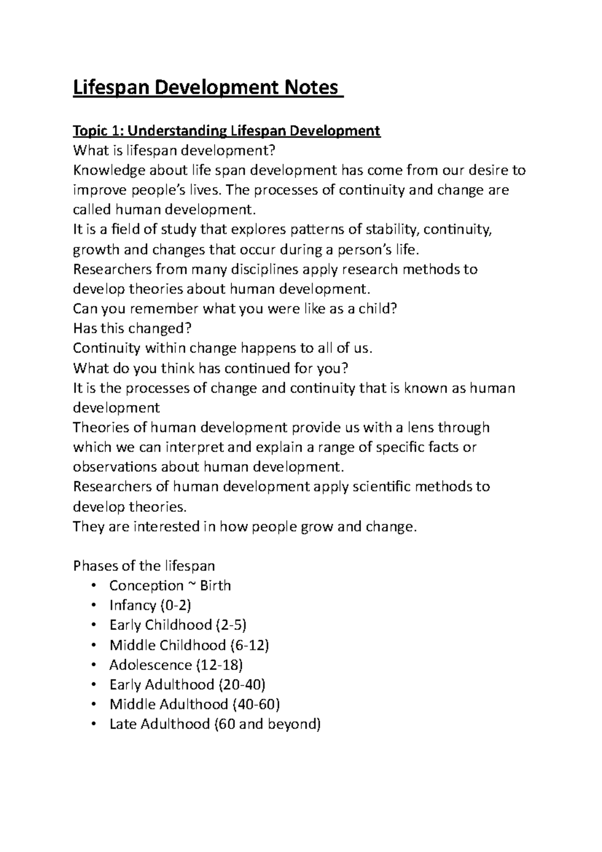 Lifespan Development Notes - Lifespan Development Notes Topic 1 ...